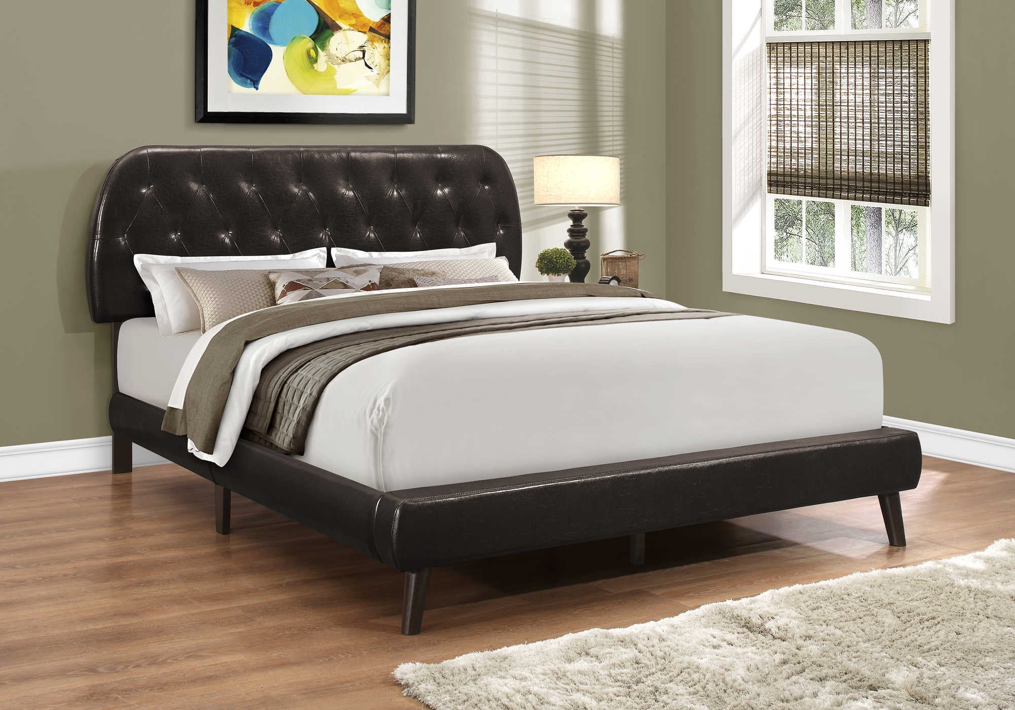 Queen Bed – Brown Leather-Look Bed with Wood Legs I 5982Q