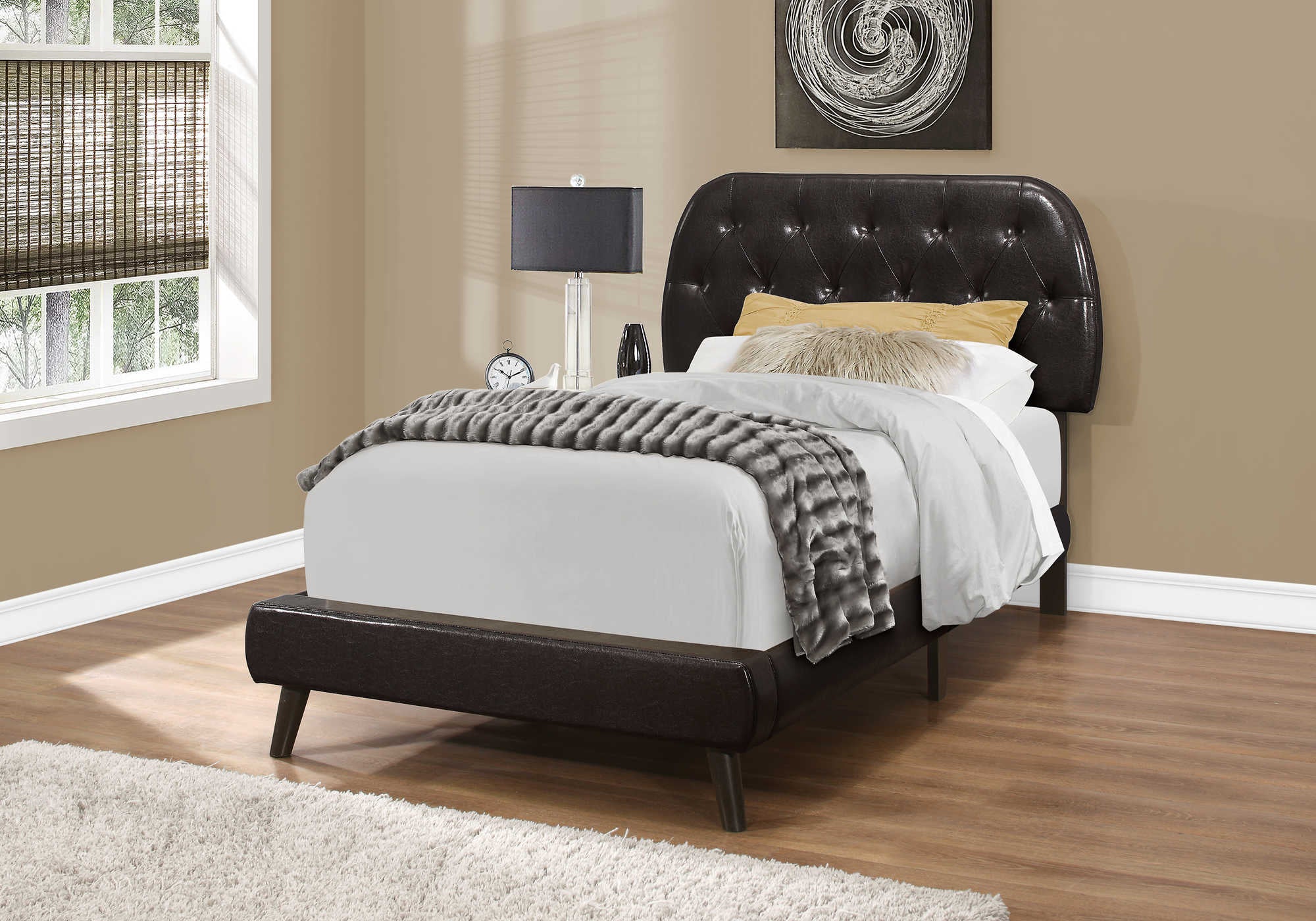Twin Bed – Brown Leather-Look Bed with Wood Legs I 5982T