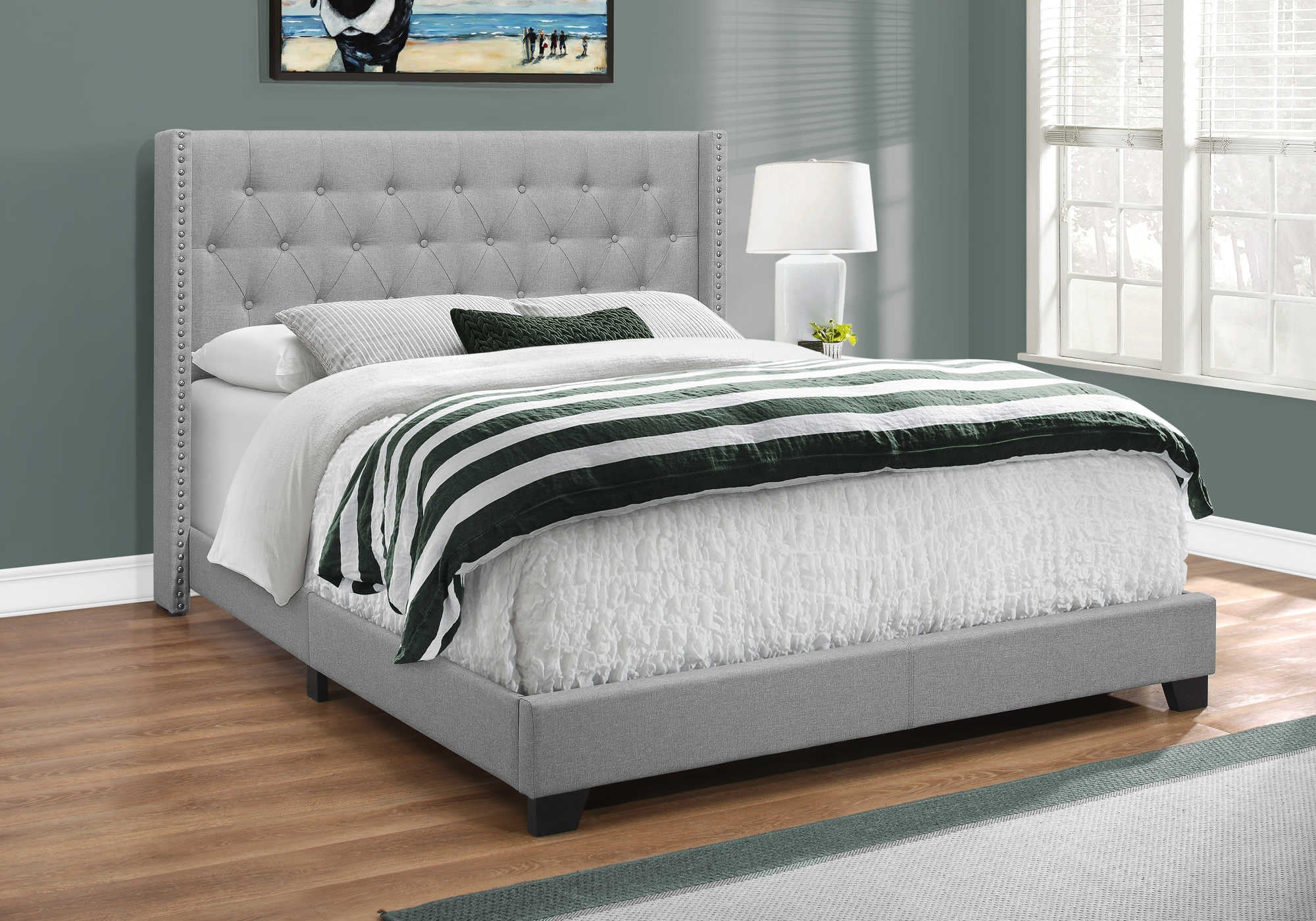 Queen Bed – Grey Linen Bed with Chrome Trim I 5984Q