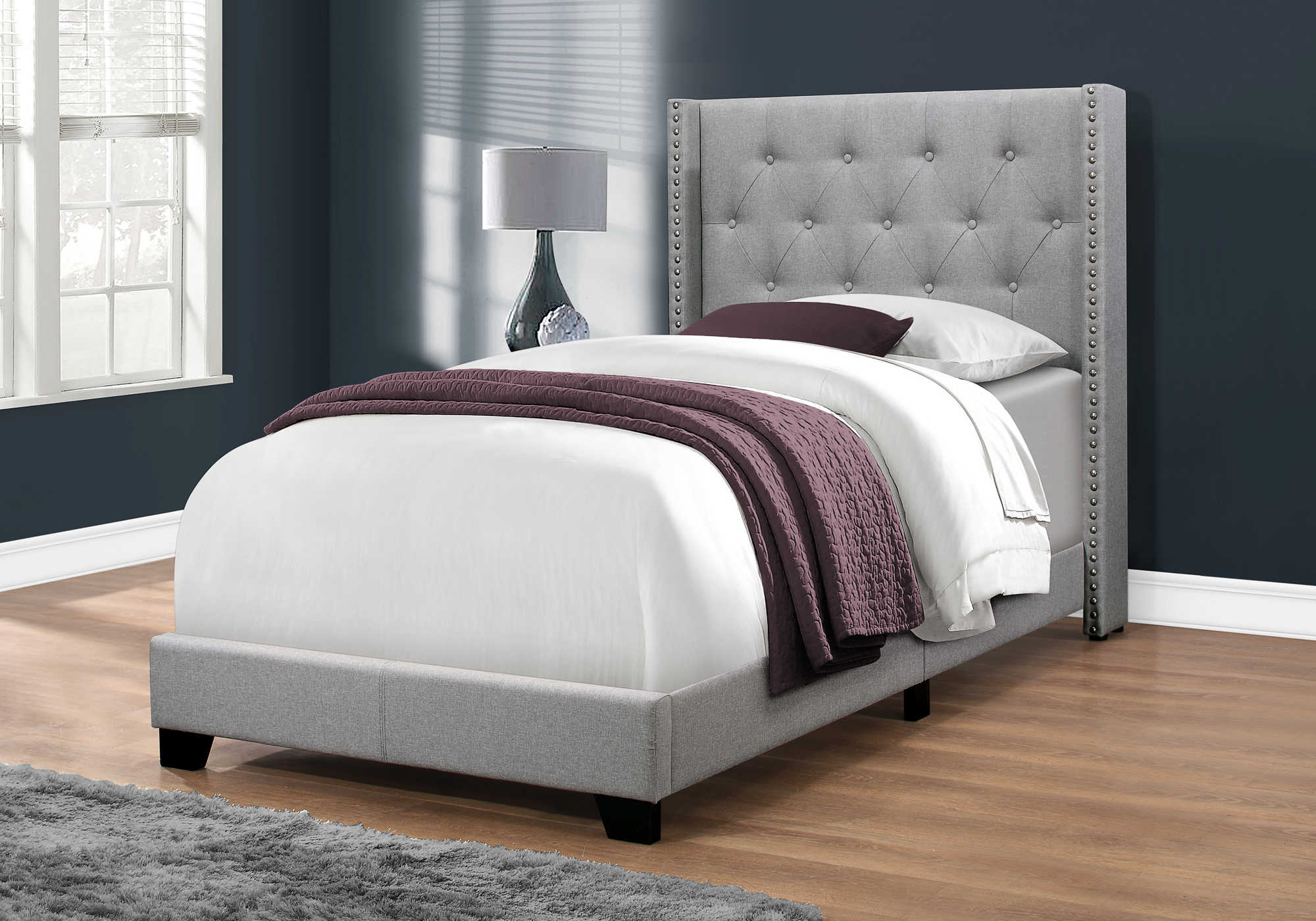 Twin Bed – Grey Linen Bed with Chrome Trim I 5984T