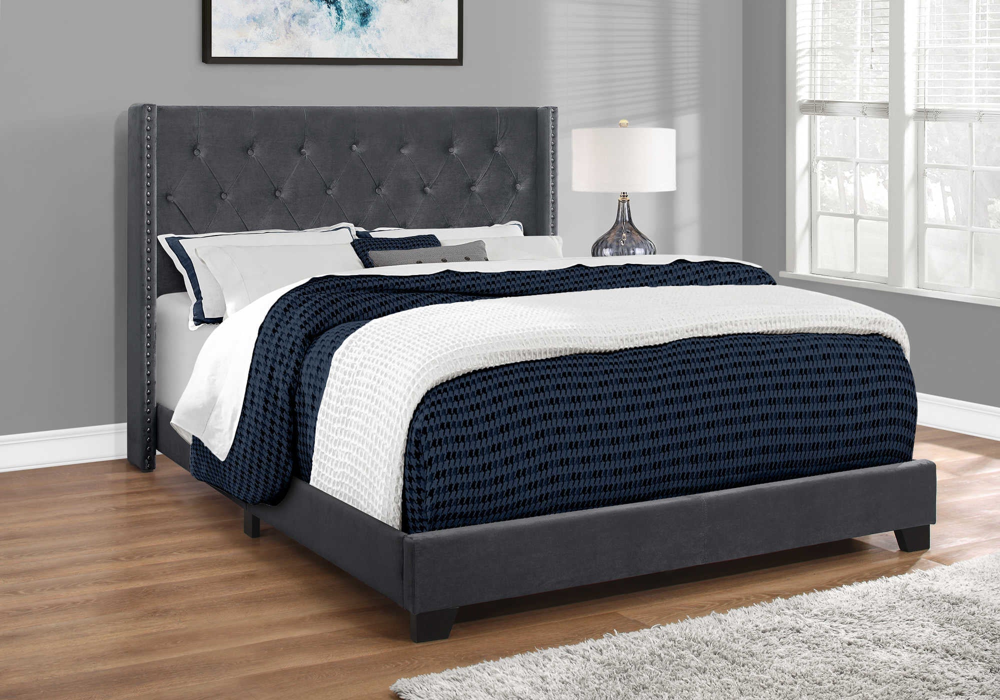 Queen Bed – Dark Grey Velvet Bed with Chrome Trim I 5986Q