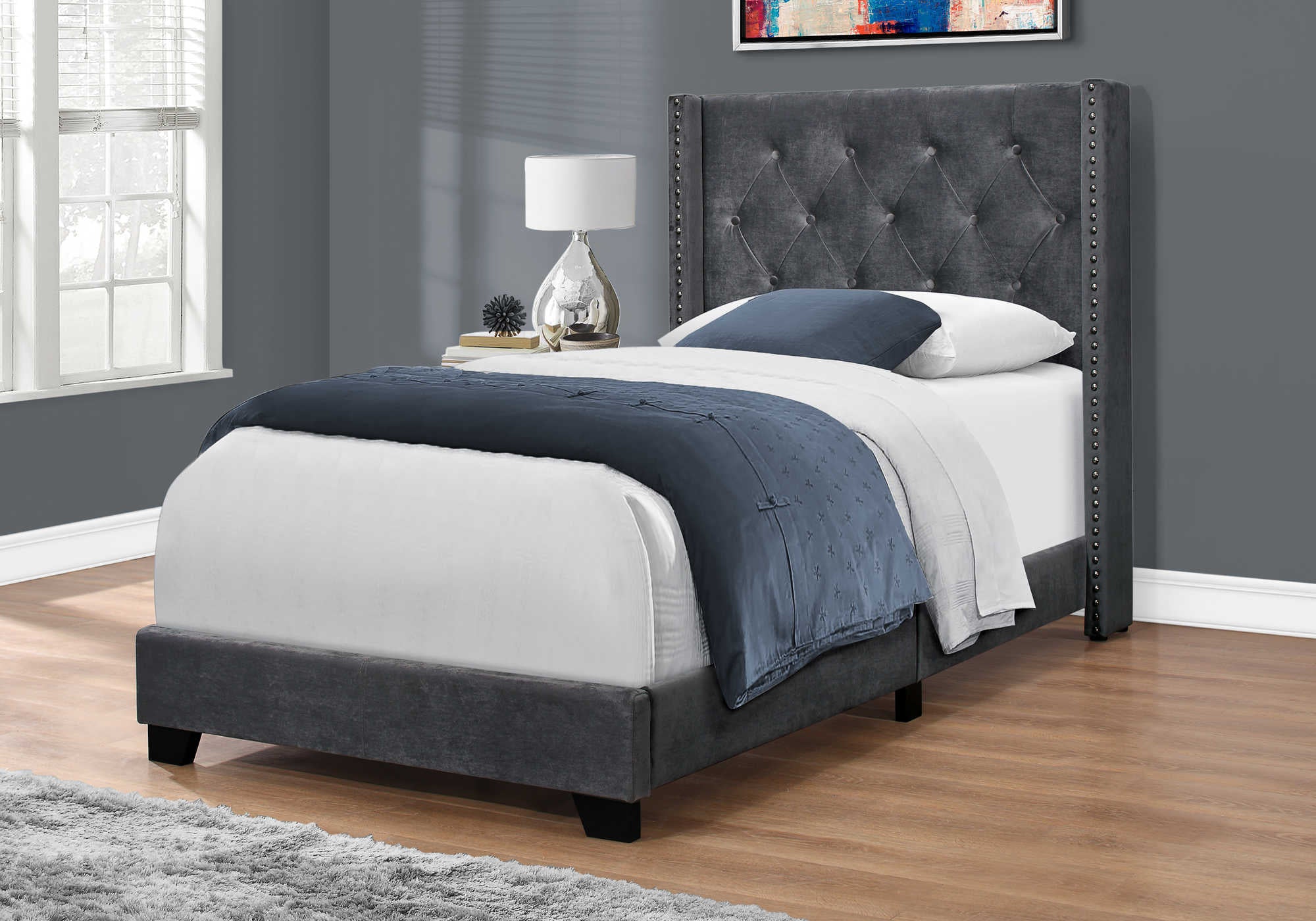 Twin Bed – Dark Grey Velvet Bed with Chrome Trim I 5986T
