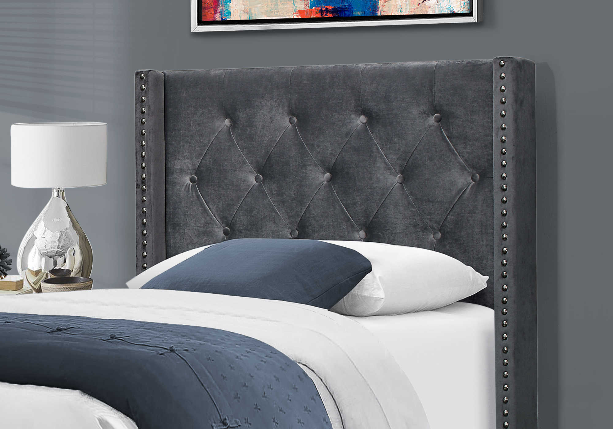 Twin Bed – Dark Grey Velvet Bed with Chrome Trim I 5986T