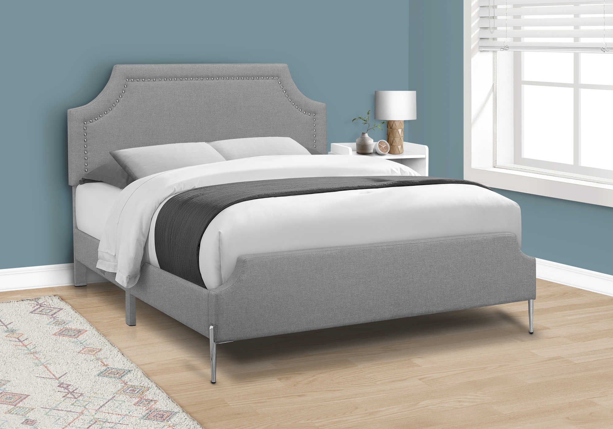Queen Bed – Grey Linen Bed with Chrome Metal Legs I 6035Q