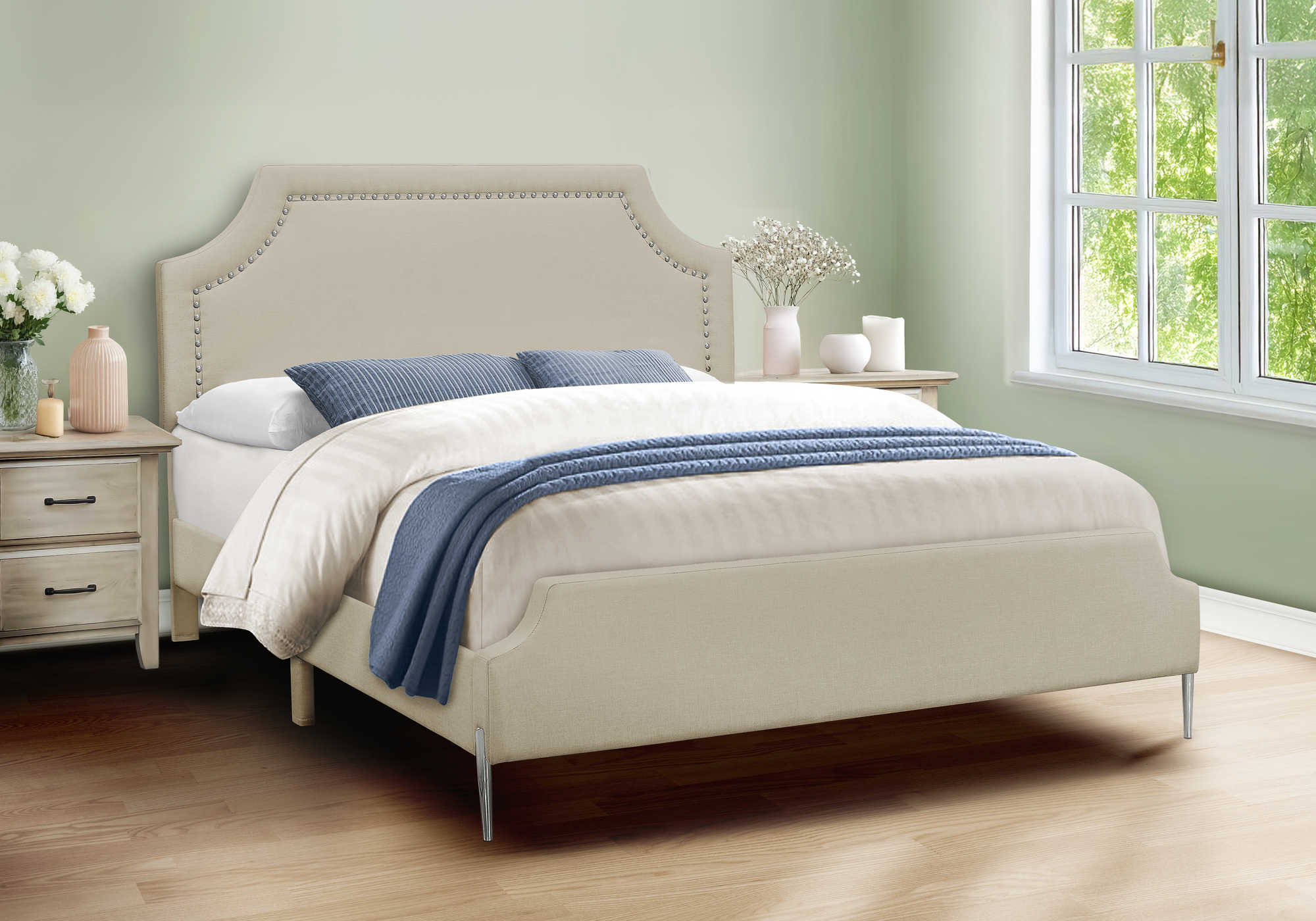 Queen Bed – Beige Linen Bed with Chrome Metal Legs I 6036Q