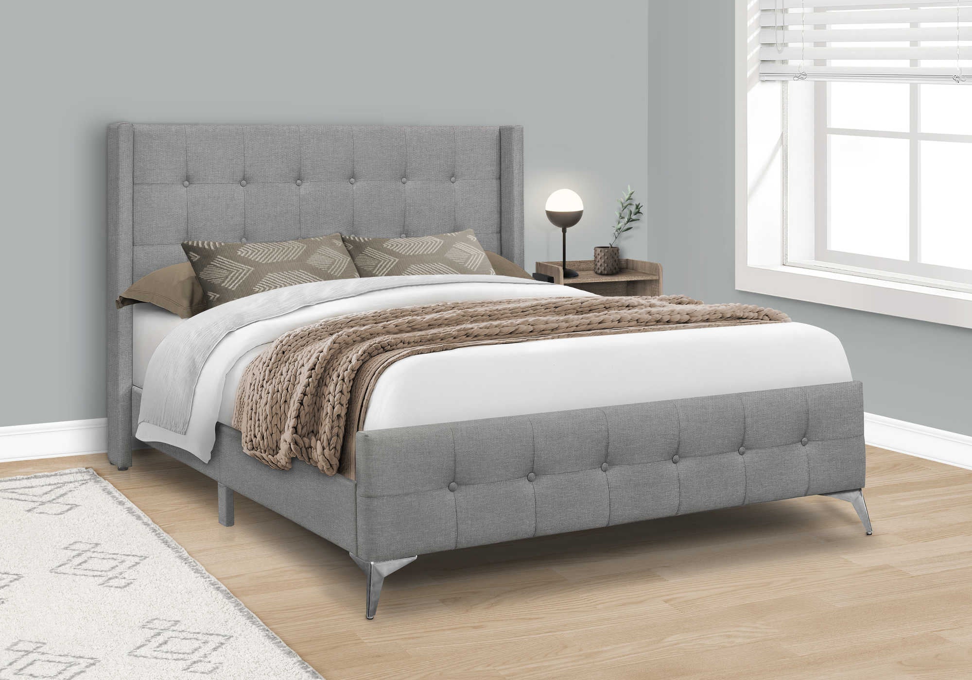 Queen Bed – Grey Linen Bed with Chrome Metal Legs I 6040Q Send