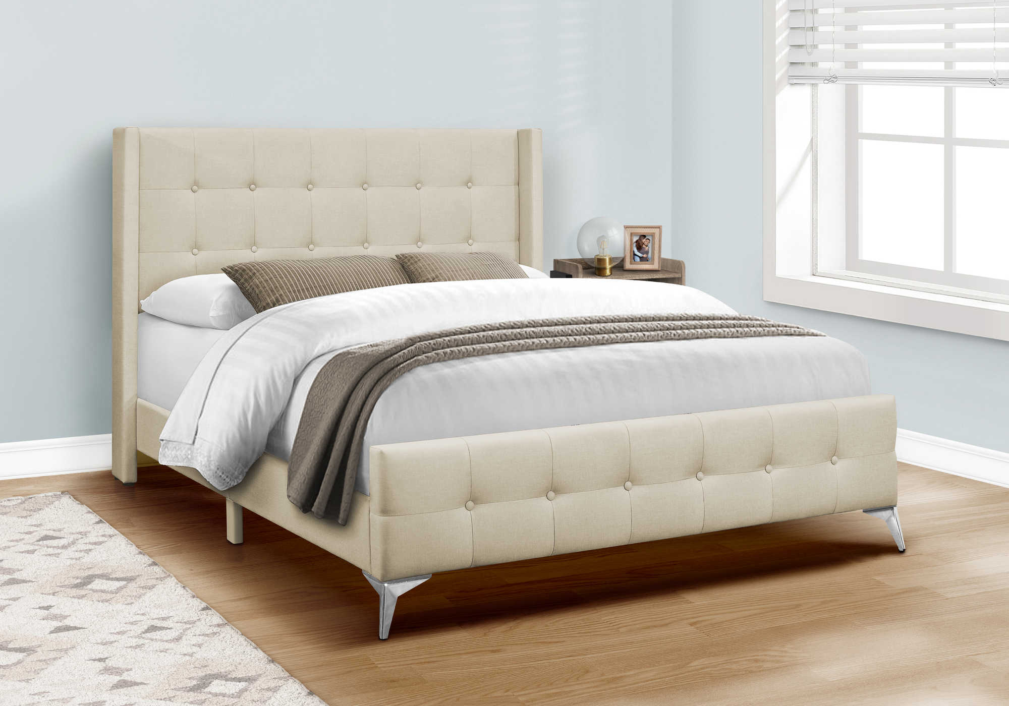 Queen Bed – Beige Linen Bed with Chrome Metal Legs I 6041Q