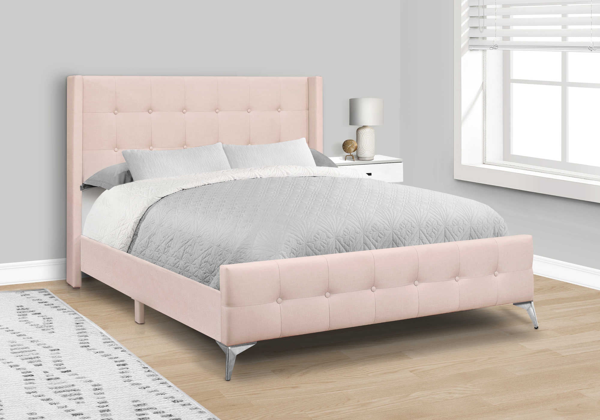 Queen Bed – Pink Velvet Bed with Chrome Metal Legs I 6042Q