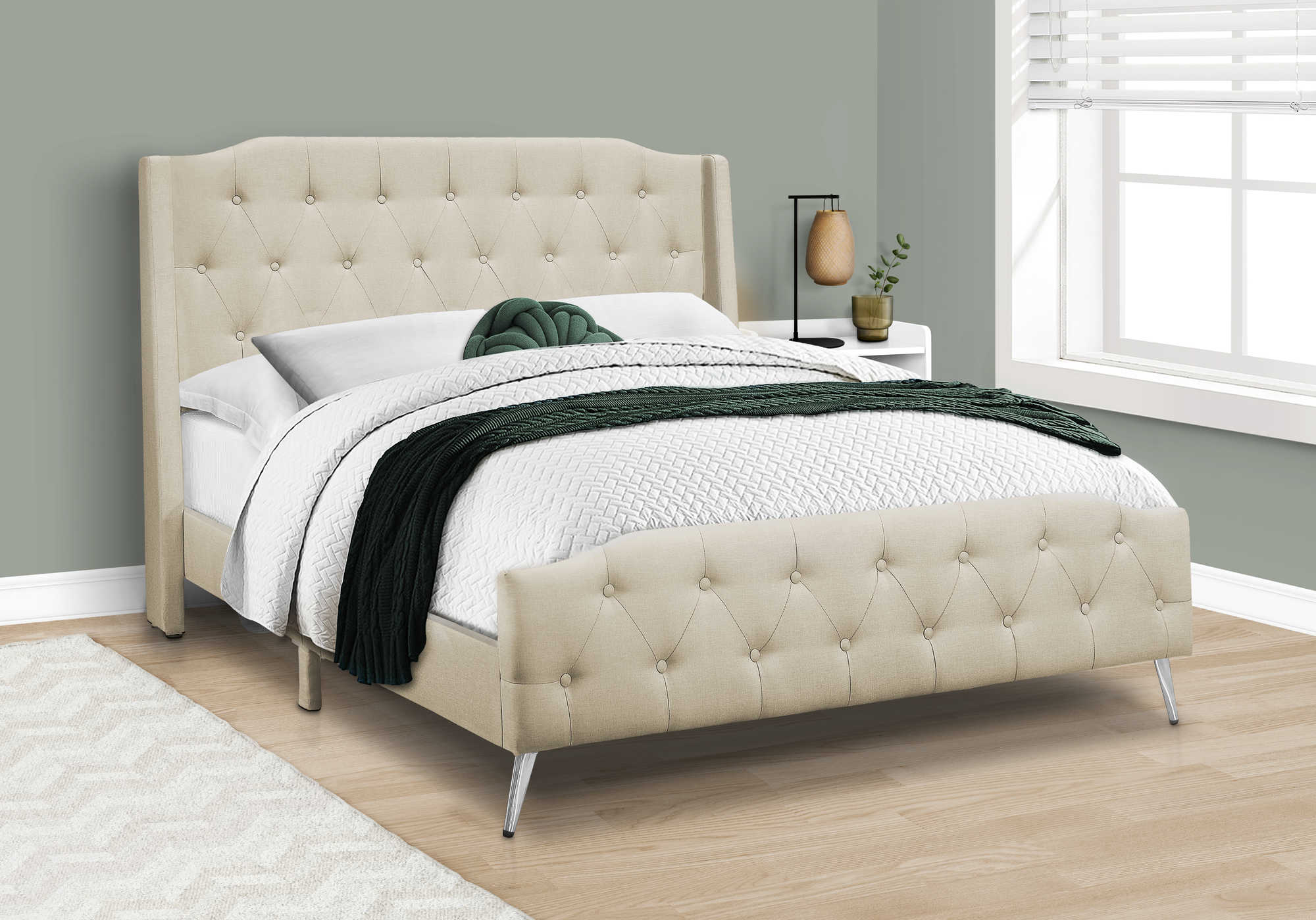 Queen Bed – Beige Linen Bed with Chrome Metal Legs I 6046Q Ready for the