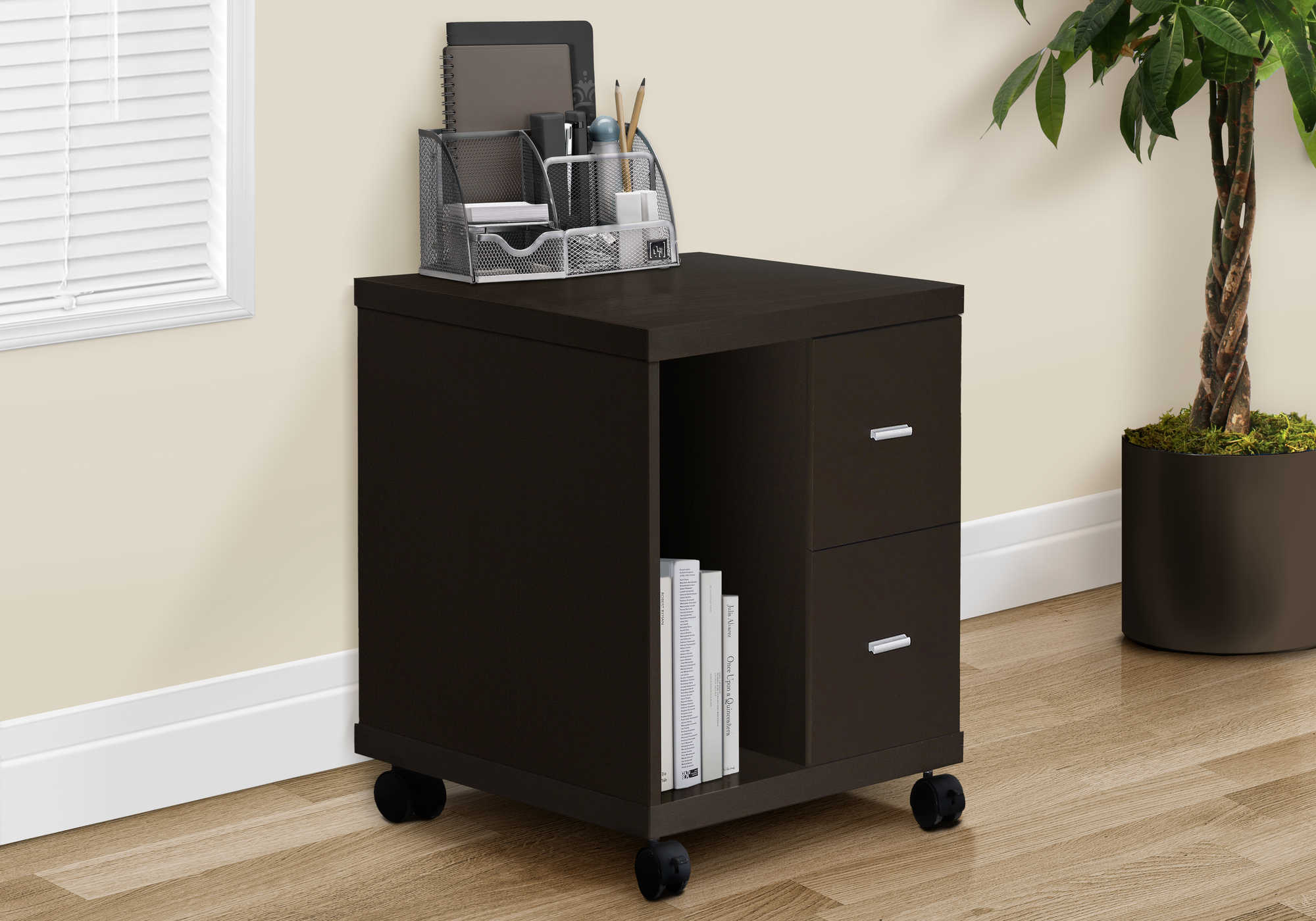 OFFICE CABINET - ESPRESSO 2 DRAWER ON CASTORS # I 7004