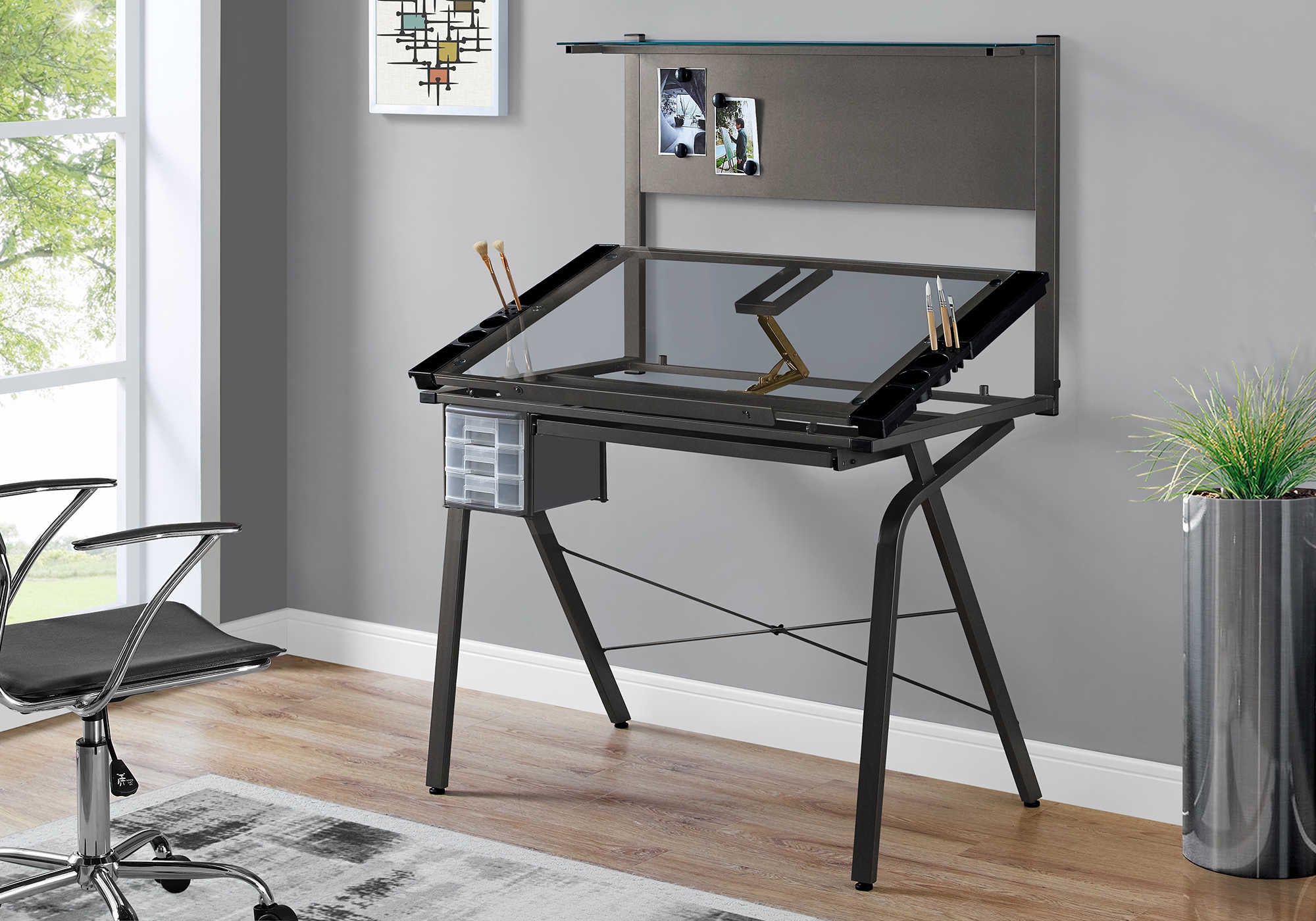 DRAFTING TABLE - ADJUSTABLE / GREY METAL / TEMPERED GLASS # I 7034