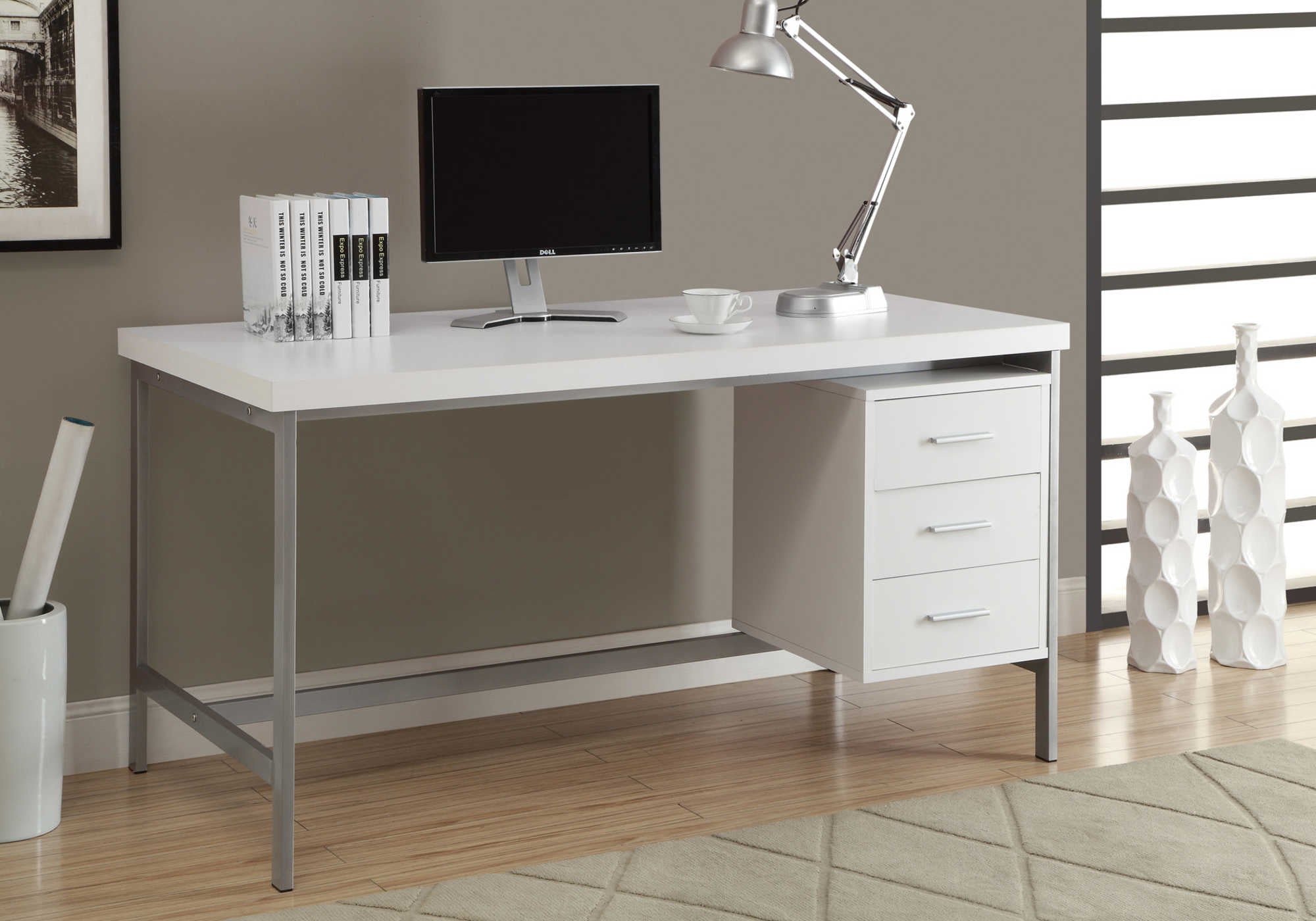COMPUTER DESK - 60"L / WHITE / SILVER METAL # I 7046