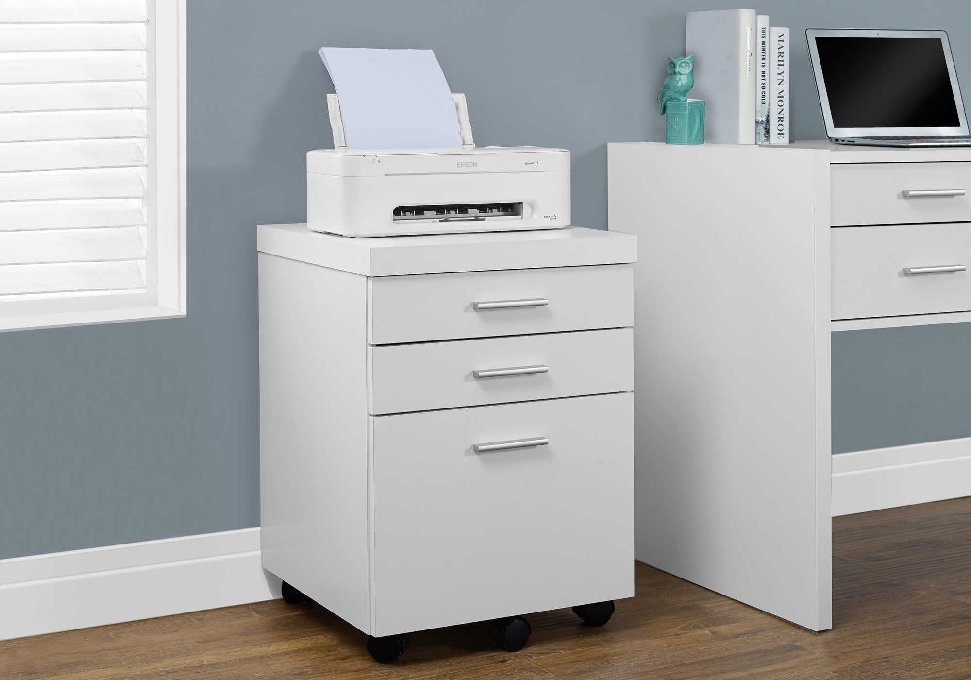 FILING CABINET - 3 DRAWER / WHITE ON CASTORS # I 7048