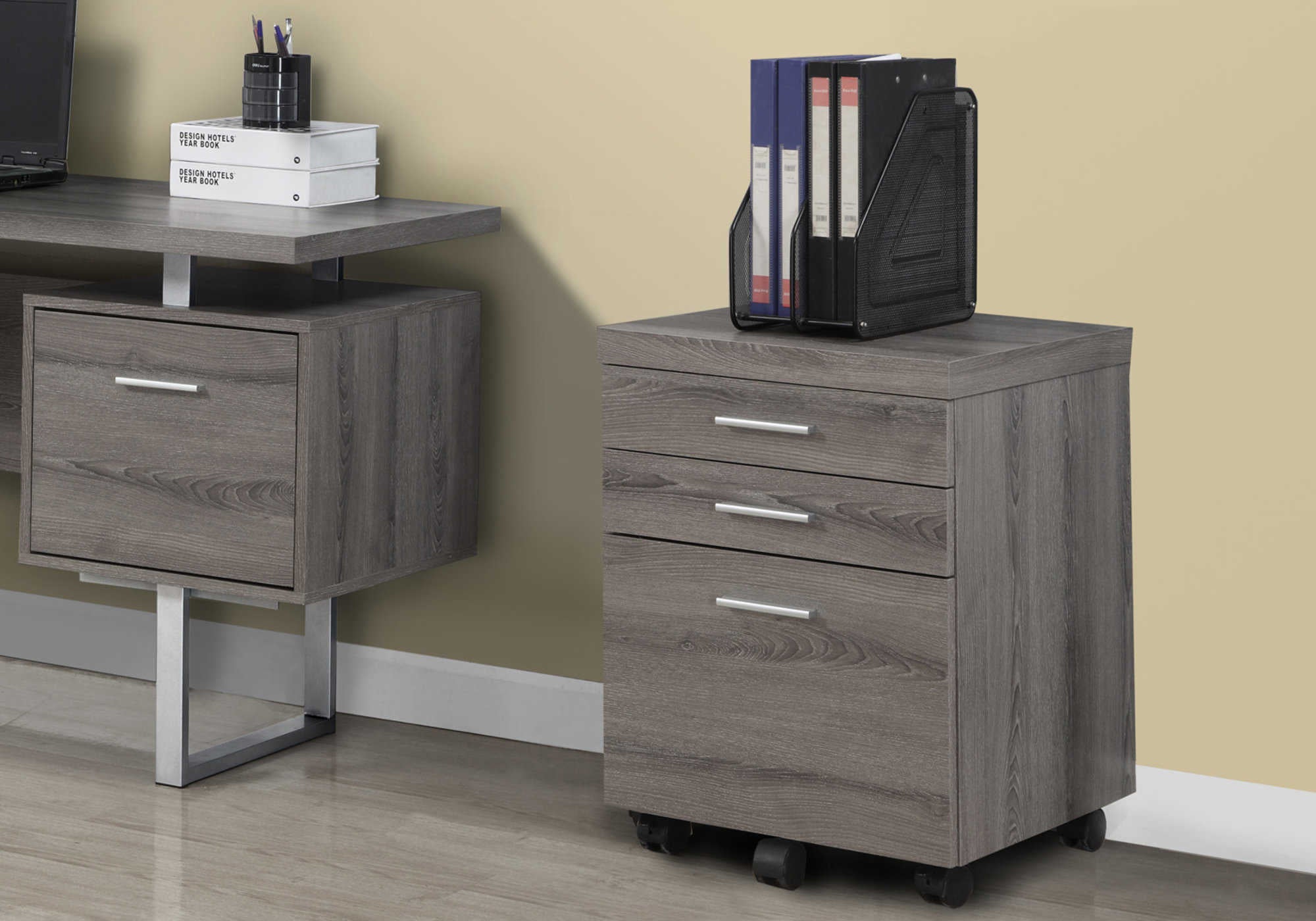 FILING CABINET - 3 DRAWER / DARK TAUPE ON CASTORS # I 7049