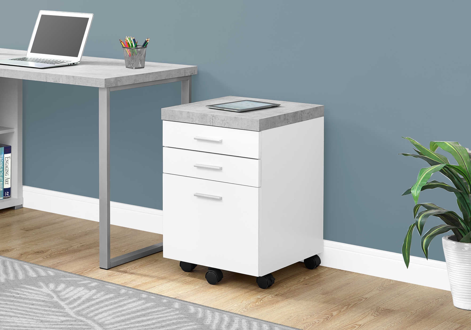 FILING CABINET - 3 DRAWER / WHITE / CEMENT-LOOK ON CASTOR # I 7051