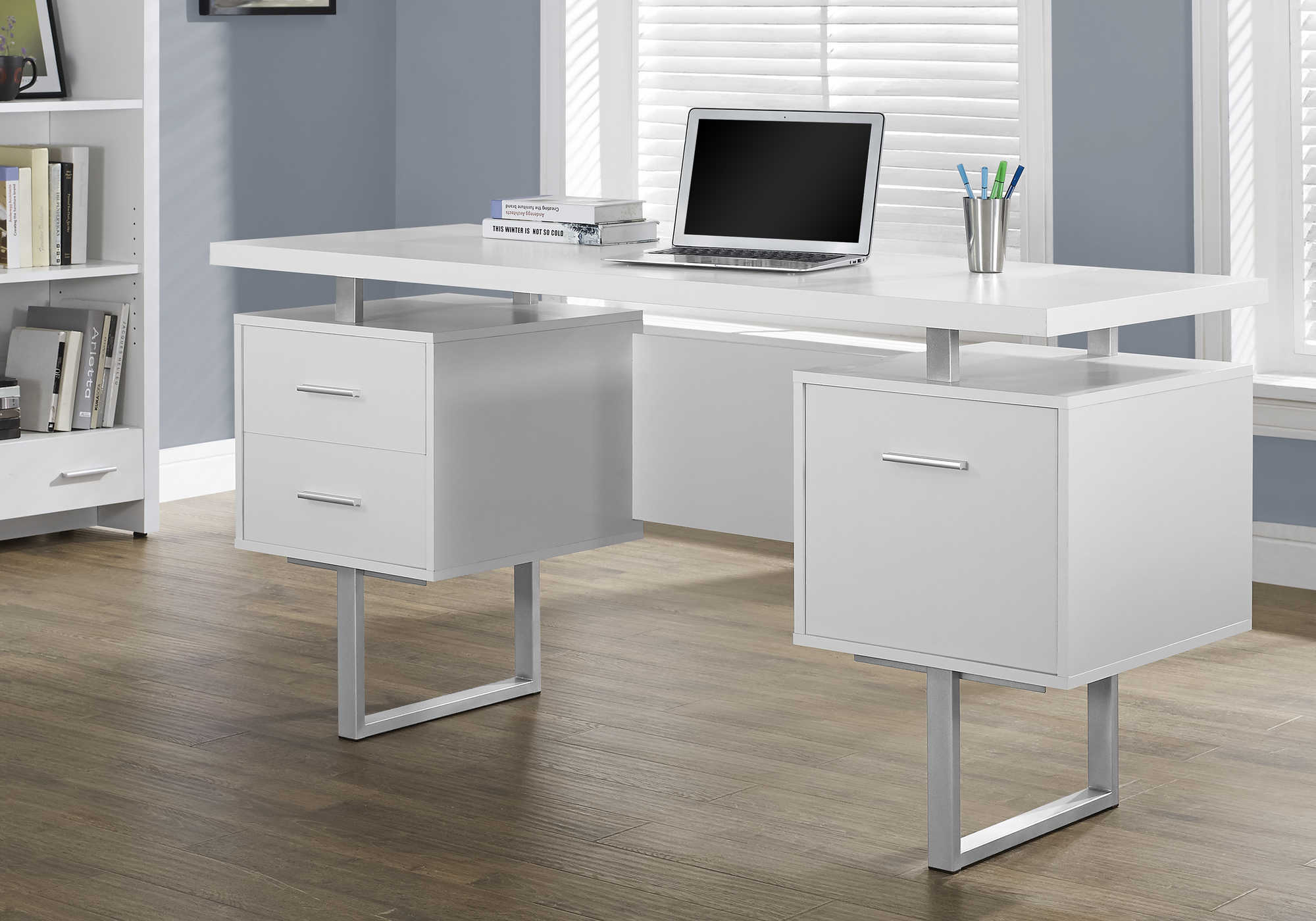 COMPUTER DESK - 60"L / WHITE / SILVER METAL # I 7081