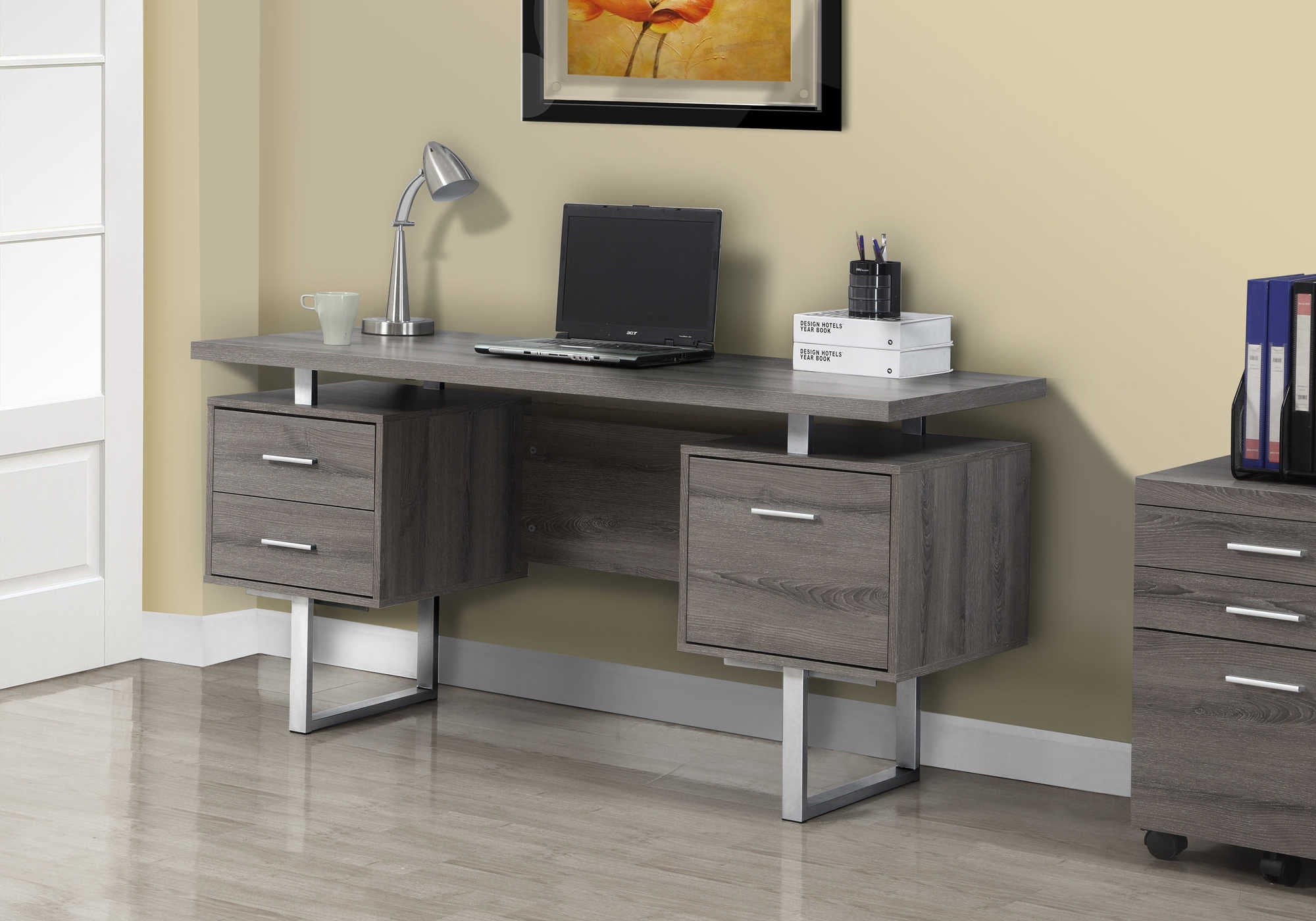 COMPUTER DESK - 60"L / DARK TAUPE / SILVER METAL # I 7082
