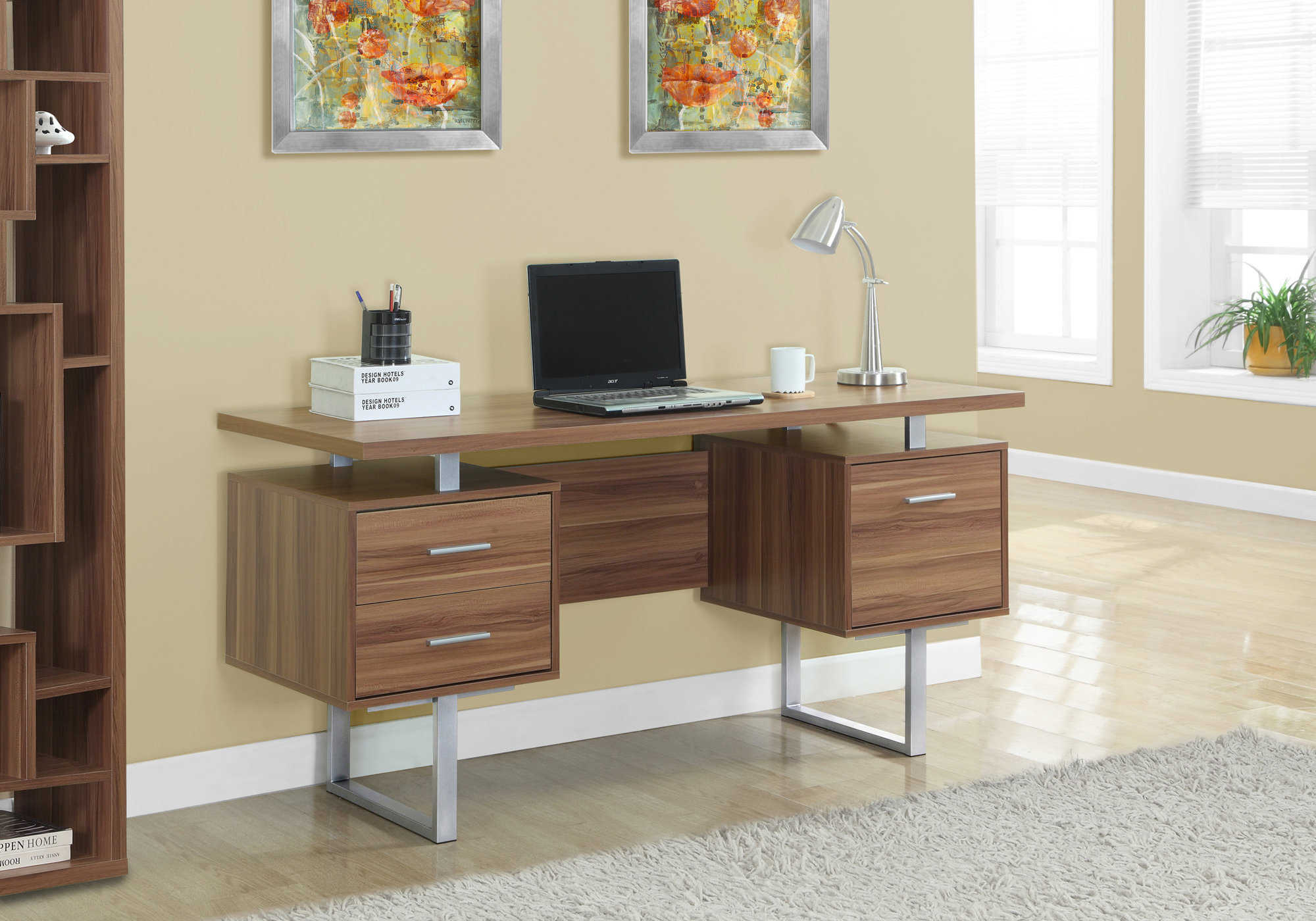 COMPUTER DESK - 60"L / WALNUT / SILVER METAL # I 7083