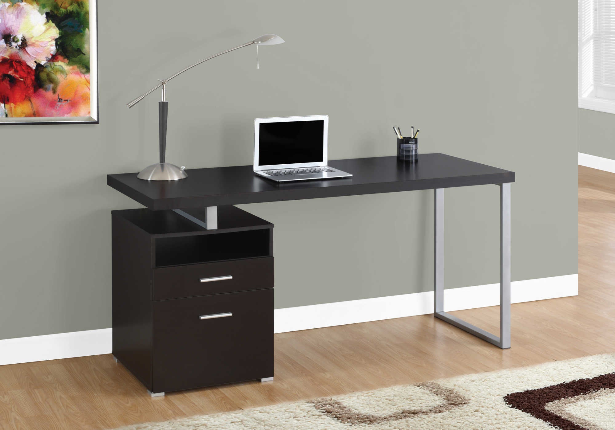 COMPUTER DESK - 60"L / ESPRESSO / SILVER METAL # I 7143
