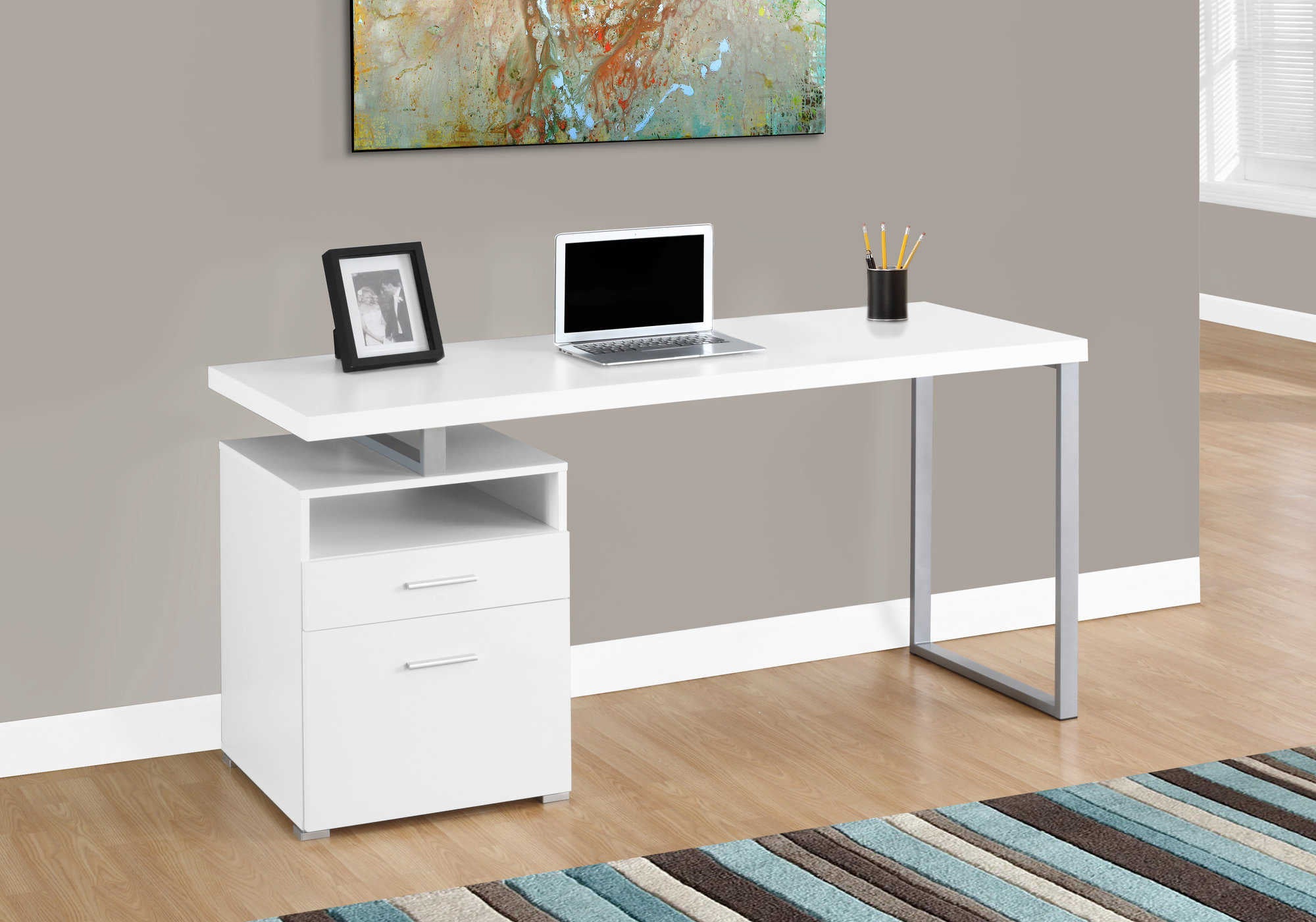 COMPUTER DESK - 60"L / WHITE / SILVER METAL # I 7144