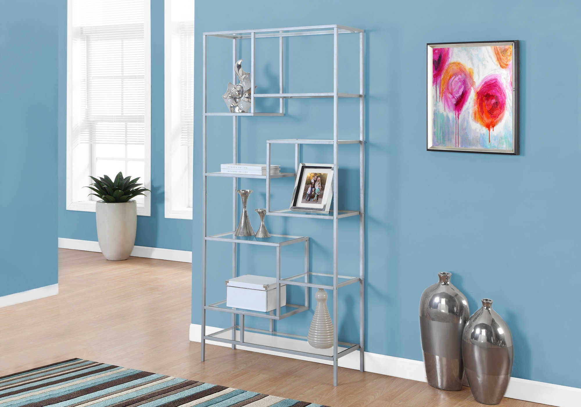 BOOKCASE - 72"H / SILVER METAL WITH TEMPERED GLASS # I 7158