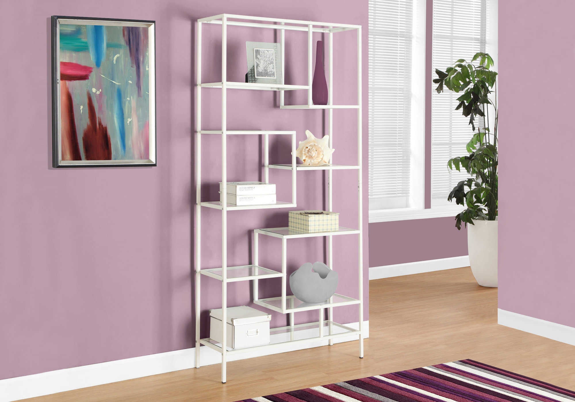 BOOKCASE - 72"H / WHITE METAL WITH TEMPERED GLASS # I 7159