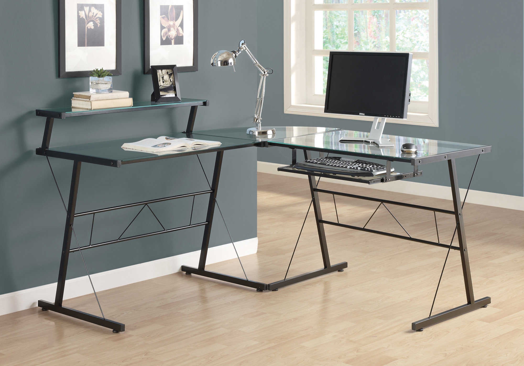 COMPUTER DESK - BLACK METAL CORNER WITH TEMPERED GLASS # I 7172