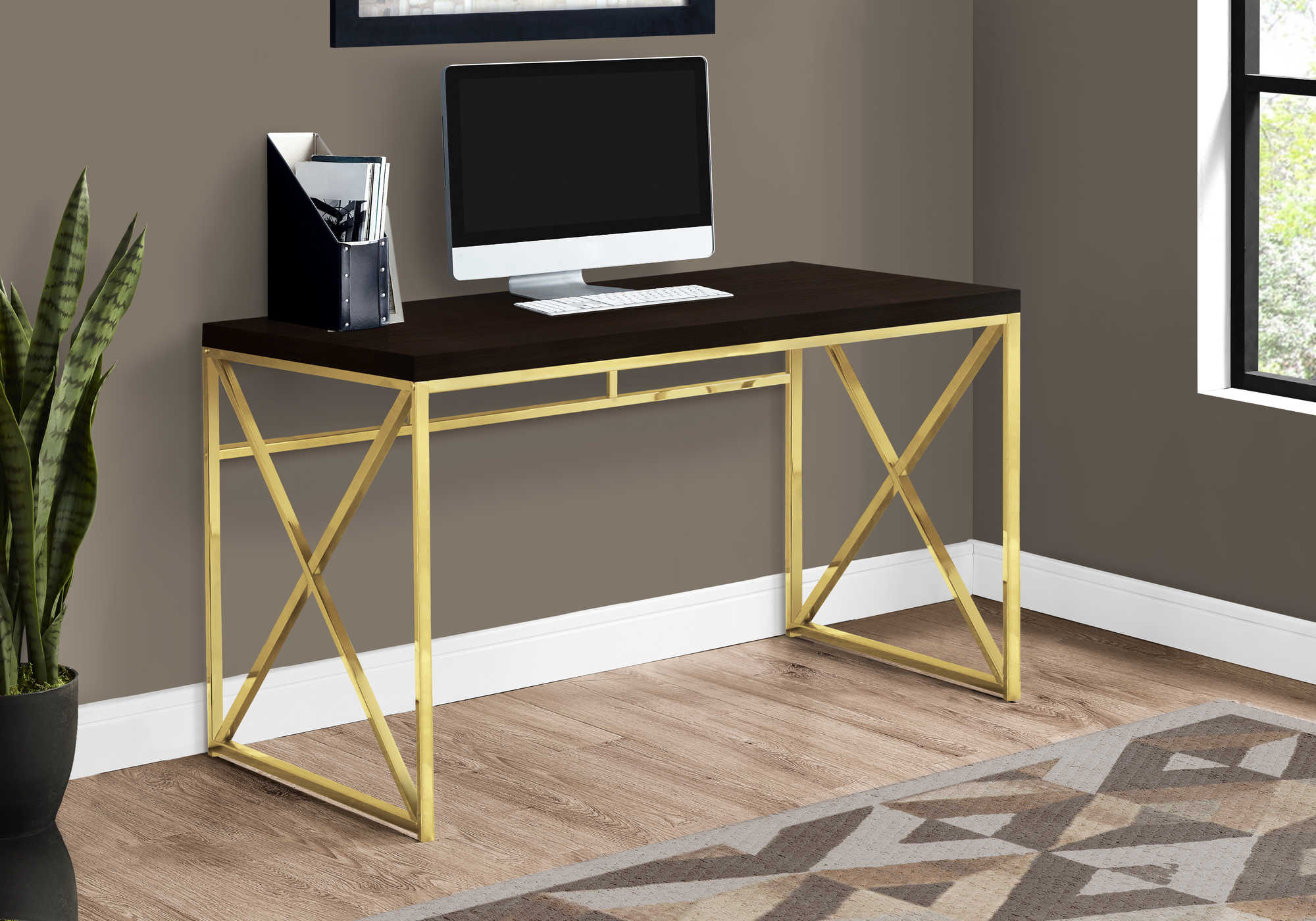 COMPUTER DESK - 48"L / ESPRESSO / GOLD METAL # I 7201