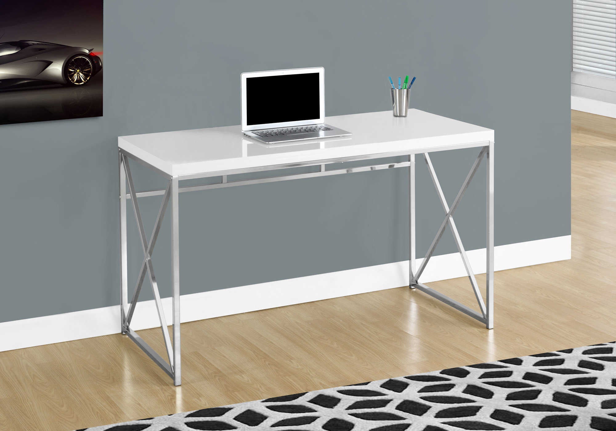 COMPUTER DESK - 48"L / GLOSSY WHITE / CHROME METAL # I 7205