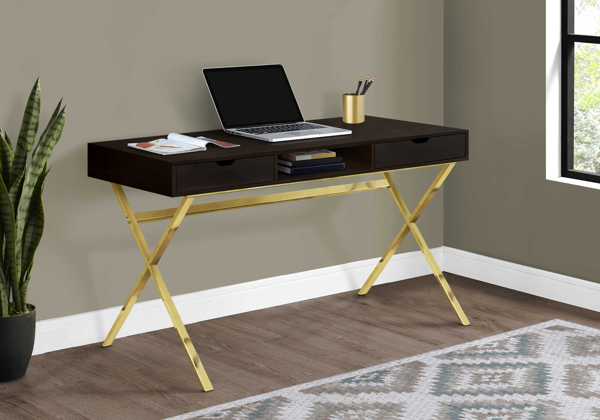 COMPUTER DESK - 48"L / ESPRESSO / GOLD METAL # I 7210