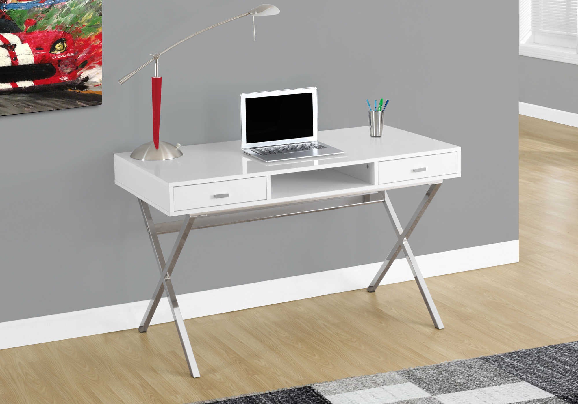 COMPUTER DESK - 48"L / GLOSSY WHITE / CHROME METAL # I 7211