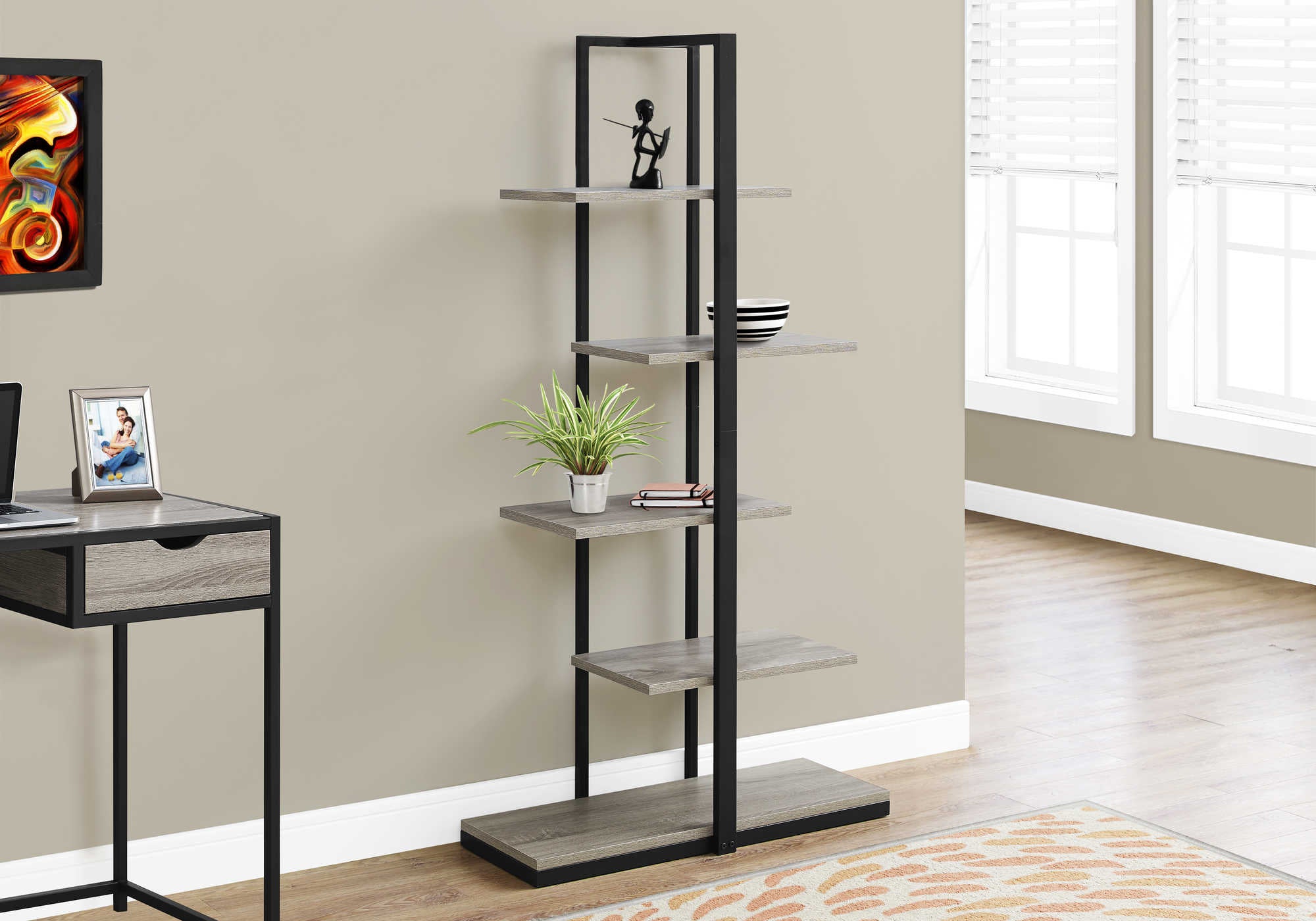BOOKCASE - 60"H / DARK TAUPE / BLACK METAL # I 7232