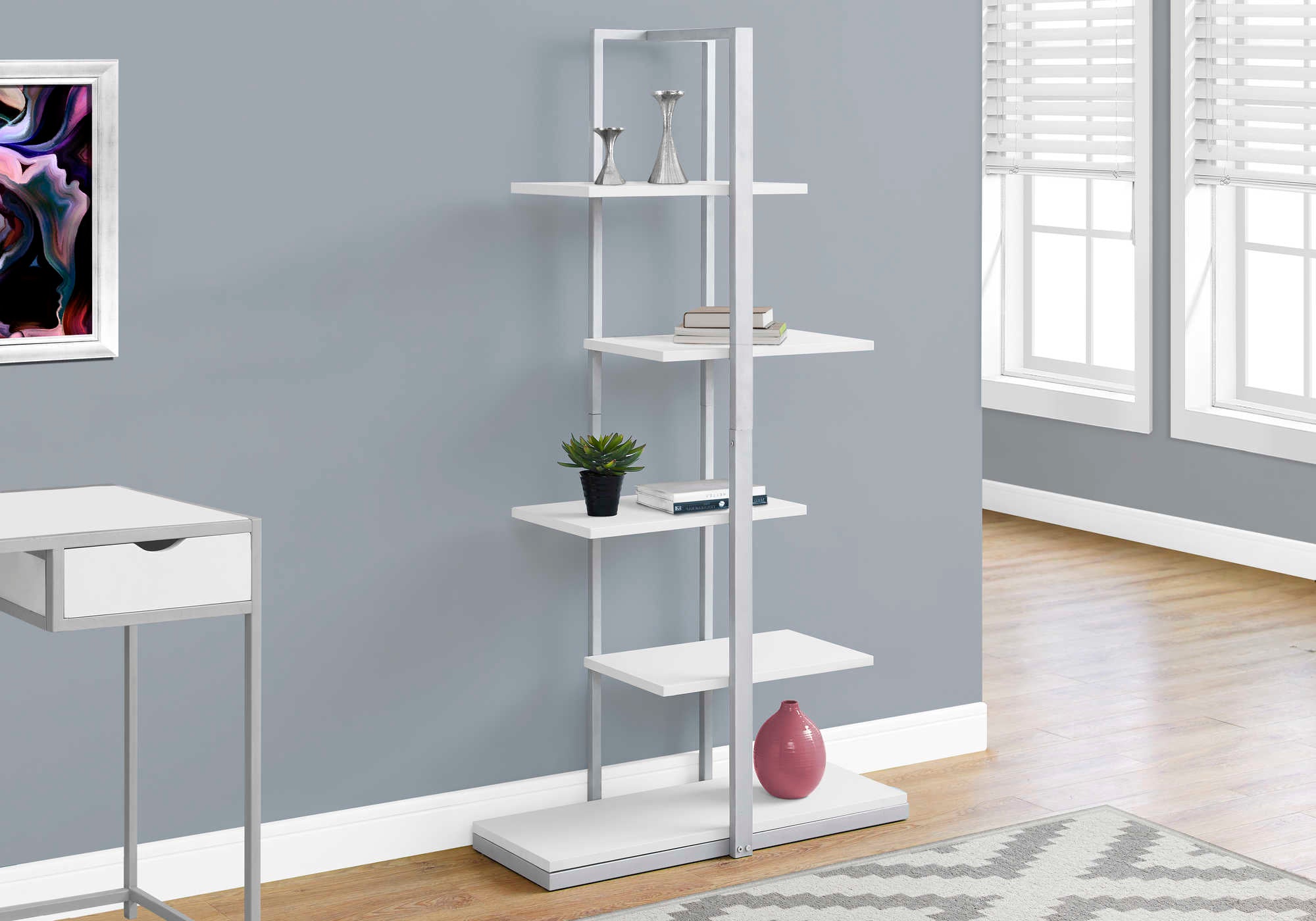 BOOKCASE - 60"H / WHITE / SILVER METAL # I 7233