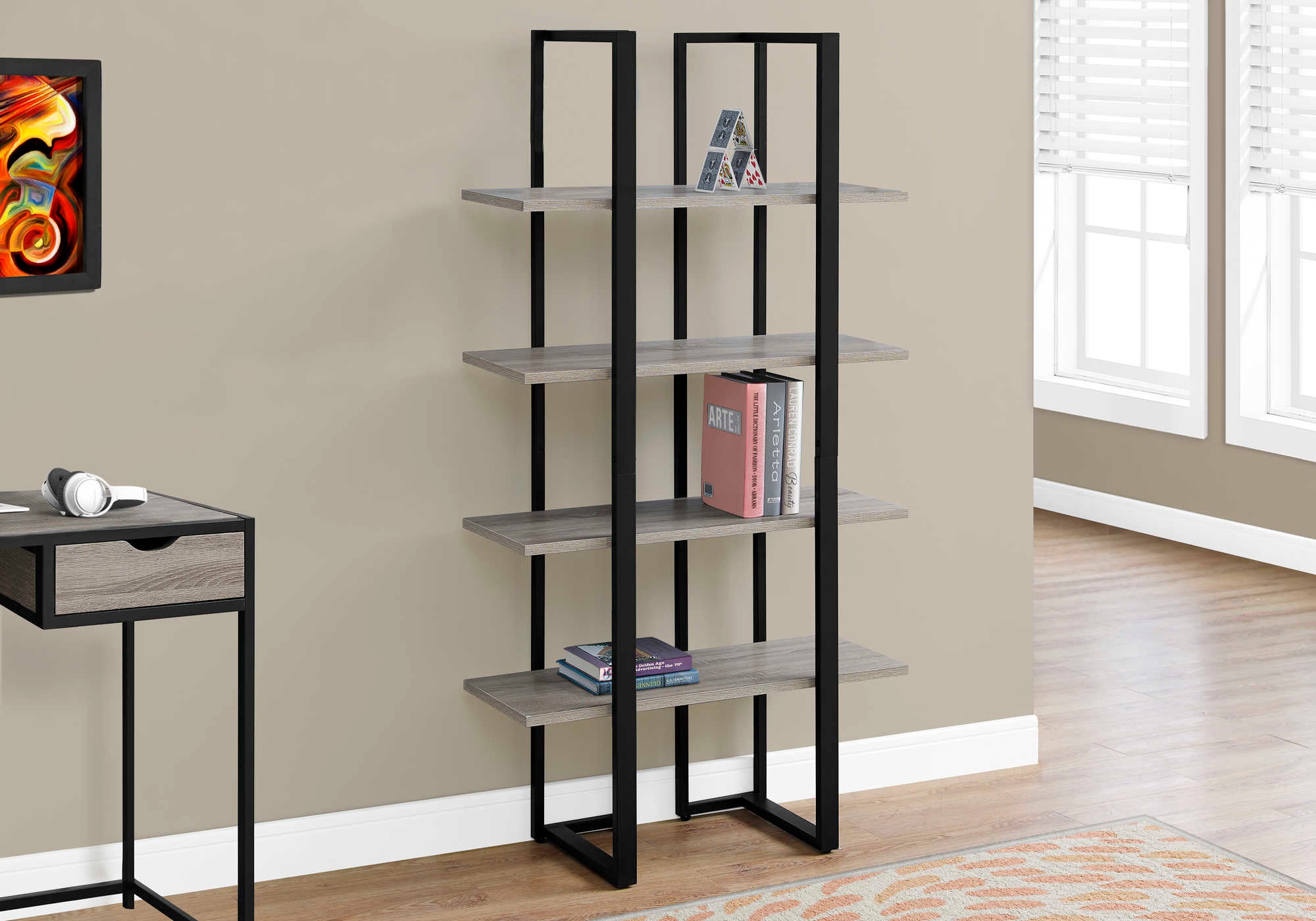 BOOKCASE - 60"H / DARK TAUPE / BLACK METAL # I 7237