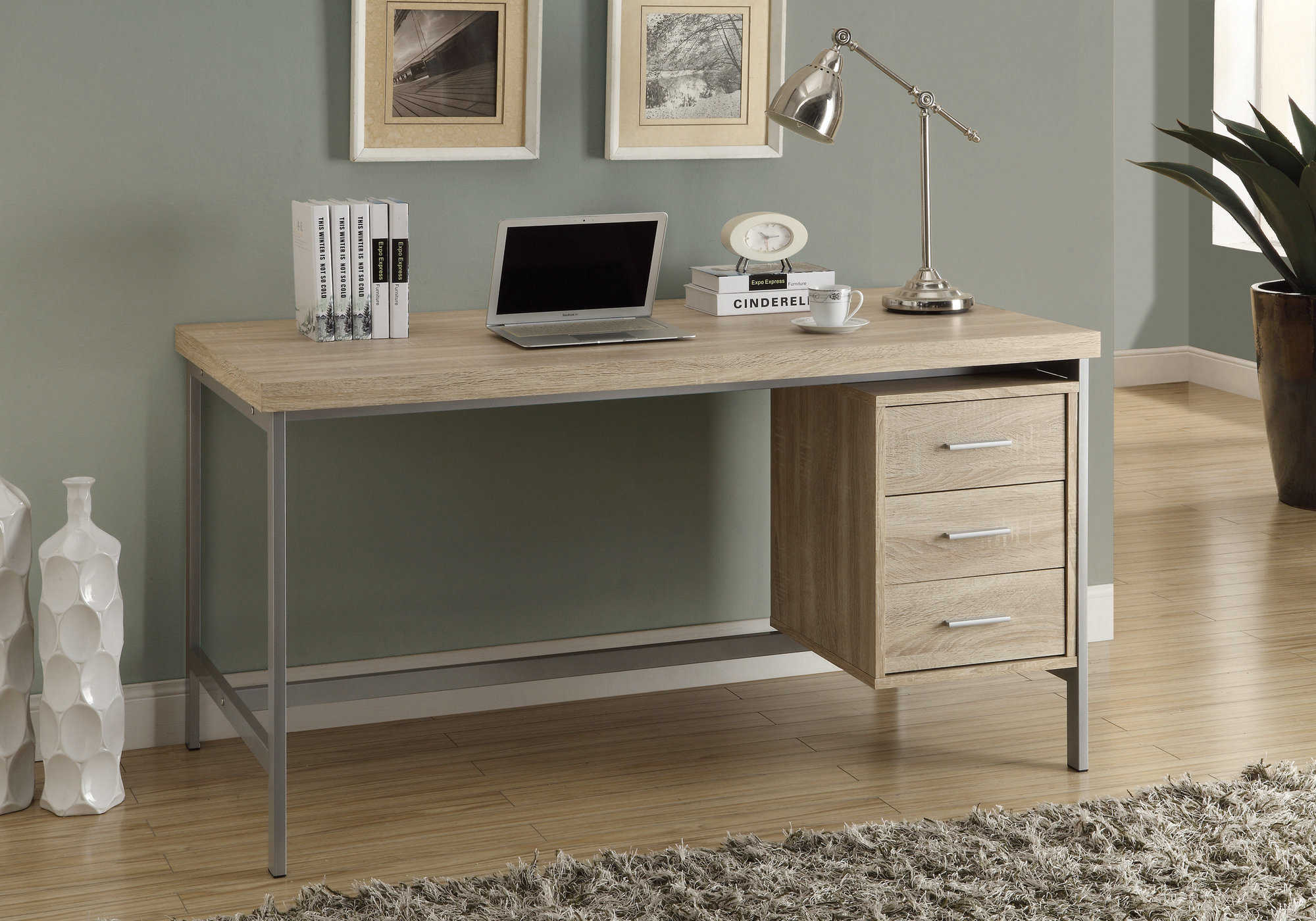 COMPUTER DESK - 60"L / NATURAL WITH SILVER METAL # I 7245