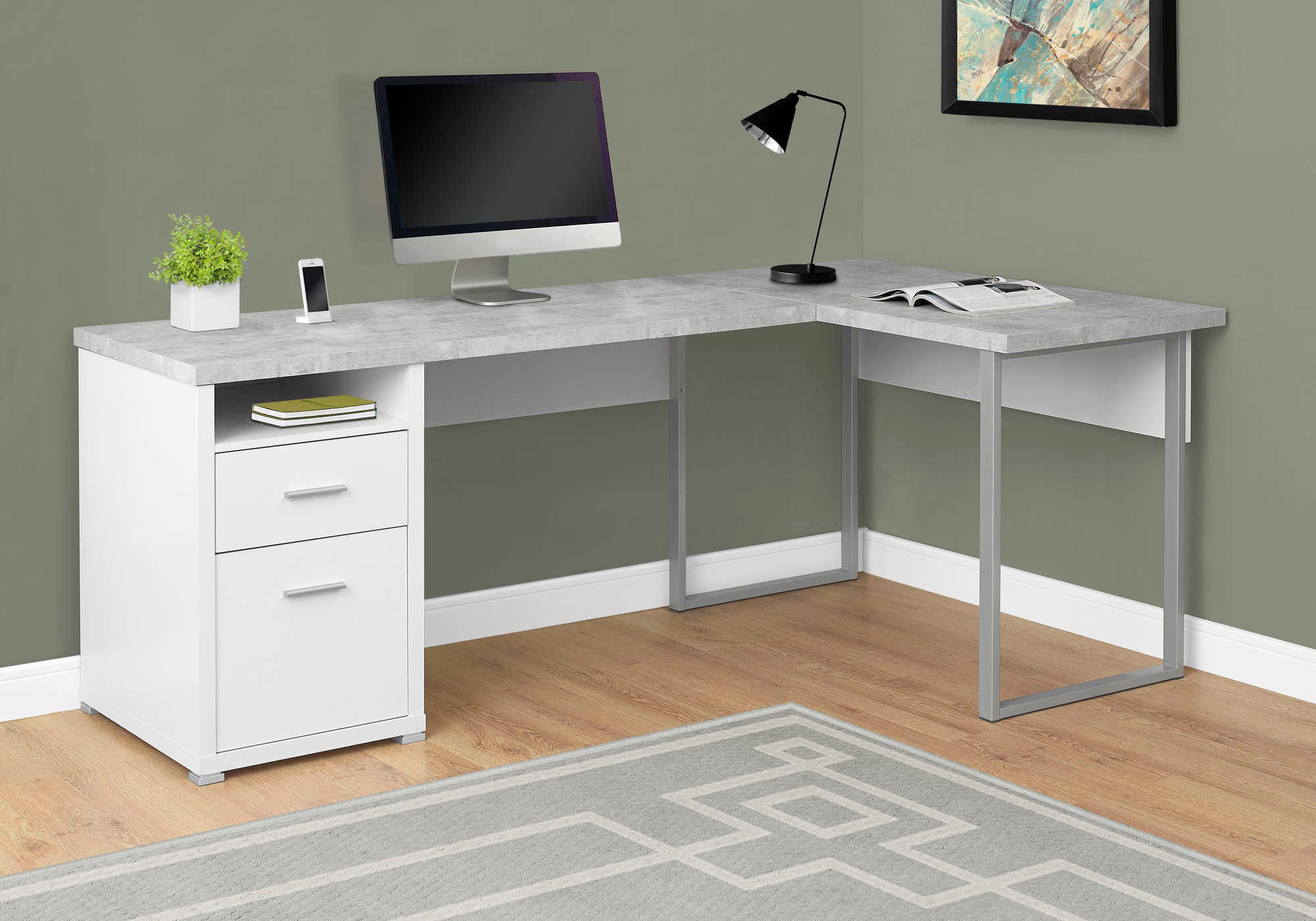 COMPUTER DESK - 80"L WHITE / CEMENT-LOOK LEFT/RIGHT FACE # I 7258
