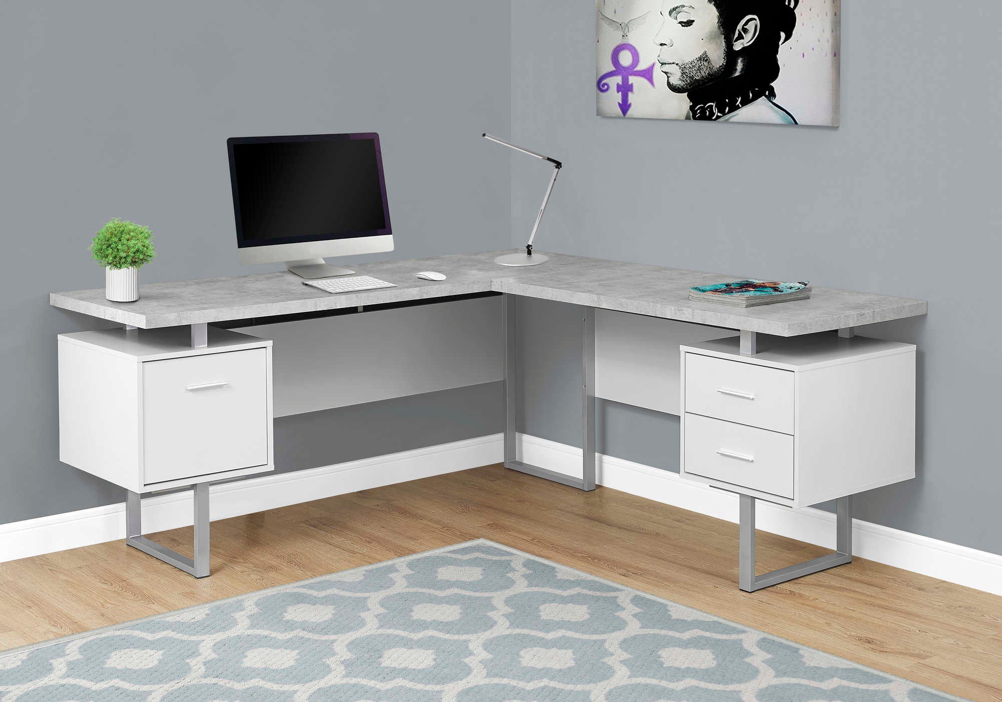 COMPUTER DESK - 70"L WHITE / CEMENT-LOOK LEFT/RIGHT FACE # I 7307
