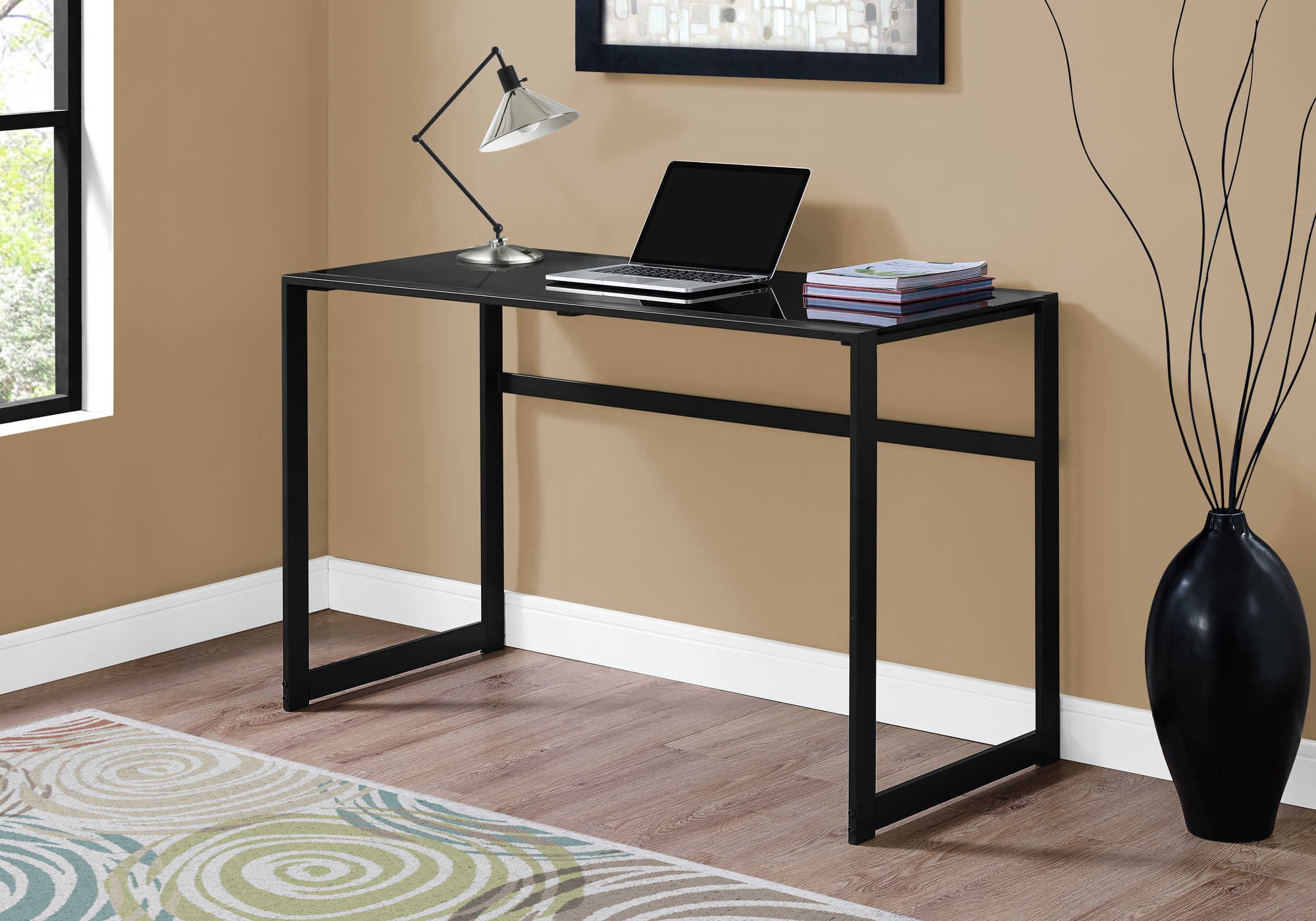 COMPUTER DESK - 48"L / BLACK METAL / BLACK TEMPERED GLASS # I 7379