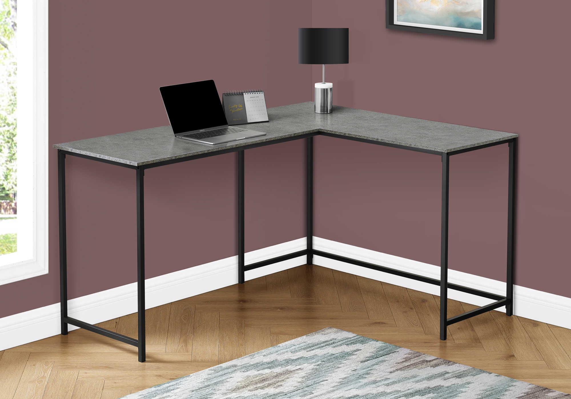 COMPUTER DESK - 58"L/ GREY STONE-LOOK/ BLACK METAL CORNER # I 7392