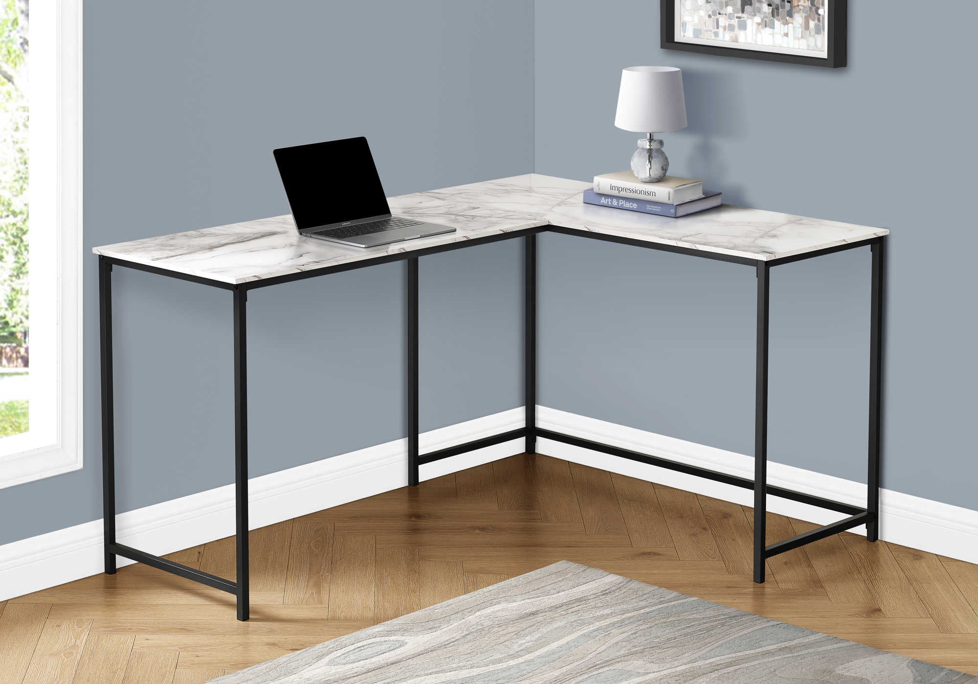 COMPUTER DESK - 58"L / WHITE MARBLE / BLACK METAL CORNER # I 7393