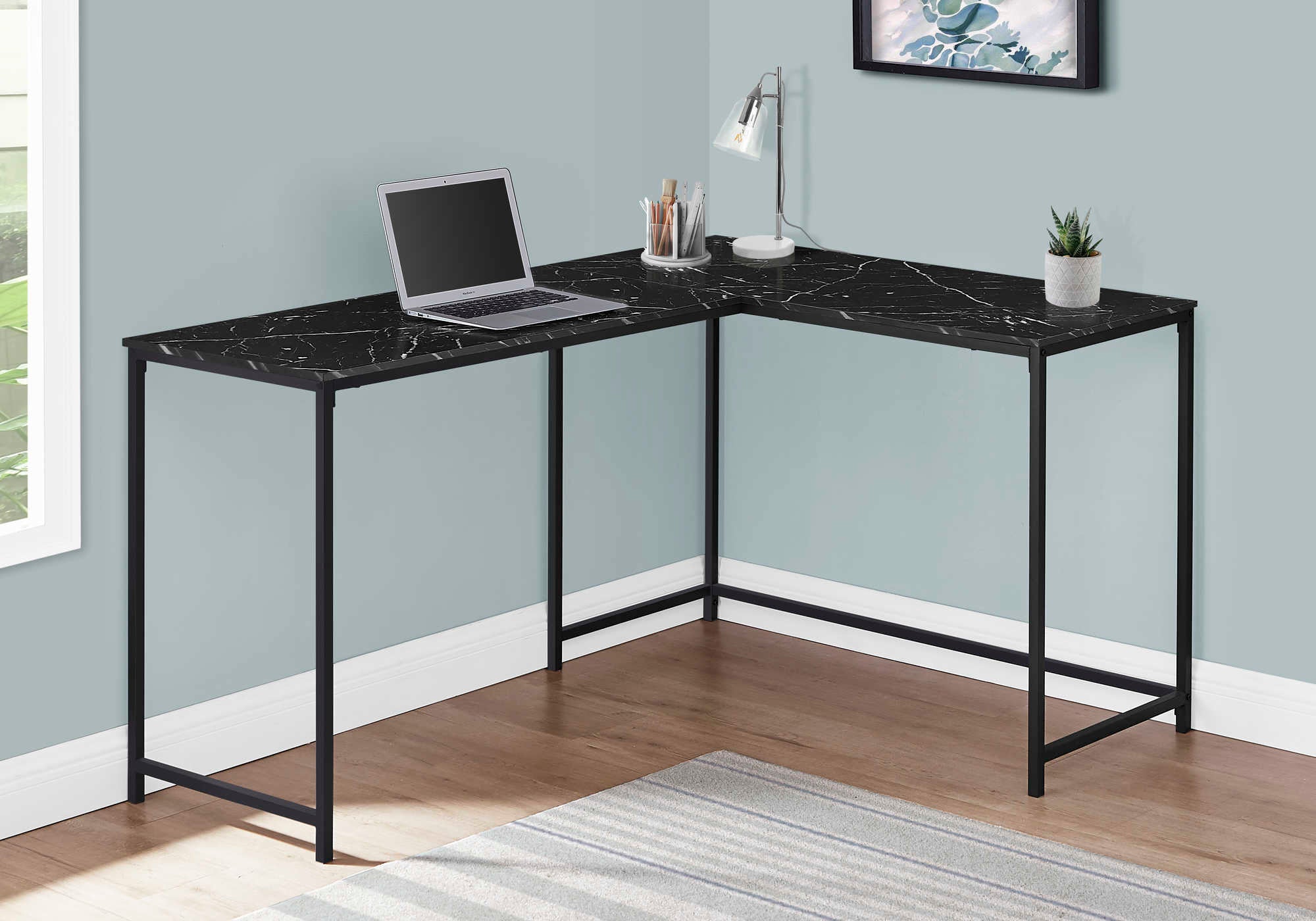 COMPUTER DESK - 58"L / BLACK MARBLE / BLACK METAL CORNER # I 7396