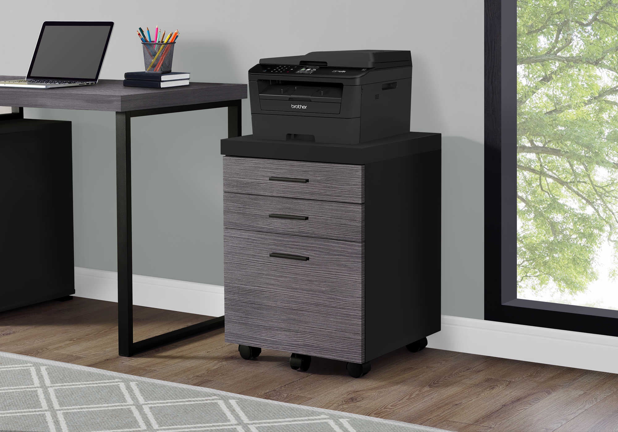 FILING CABINET - 3 DRAWER / BLACK / GREY ON CASTORS # I 7403