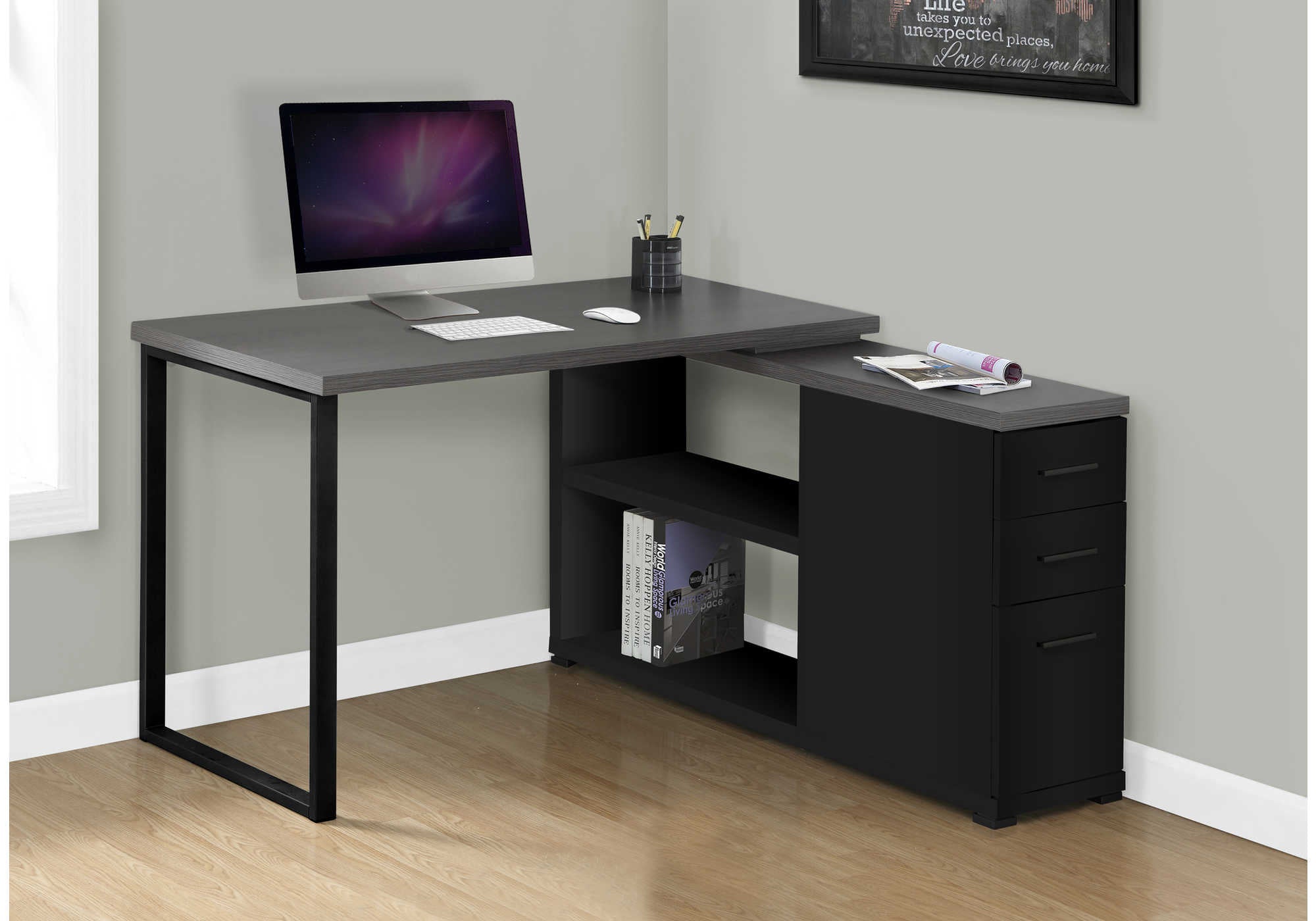 COMPUTER DESK - BLACK / GREY TOP LEFT/RIGHT FACING CORNER # I 7433