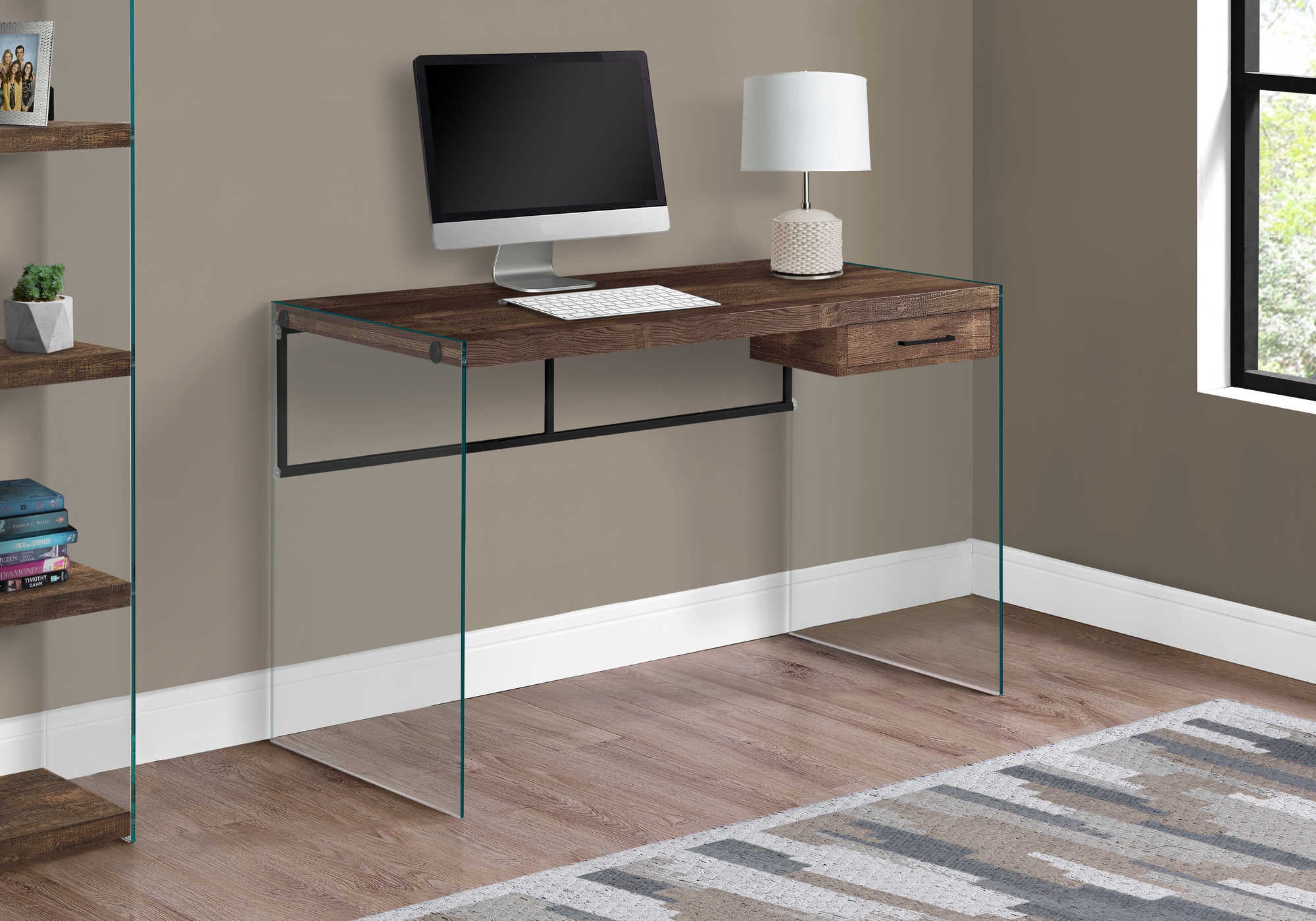 COMPUTER DESK - 48"L / BROWN RECLAIMED WOOD/ GLASS PANELS # I 7444