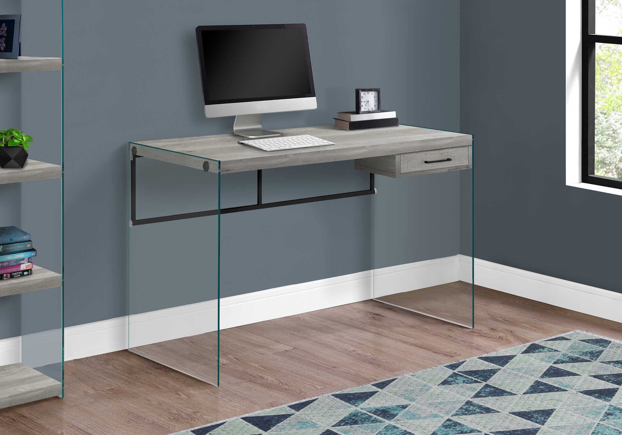 COMPUTER DESK - 48"L / GREY RECLAIMED WOOD / GLASS PANELS # I 7445