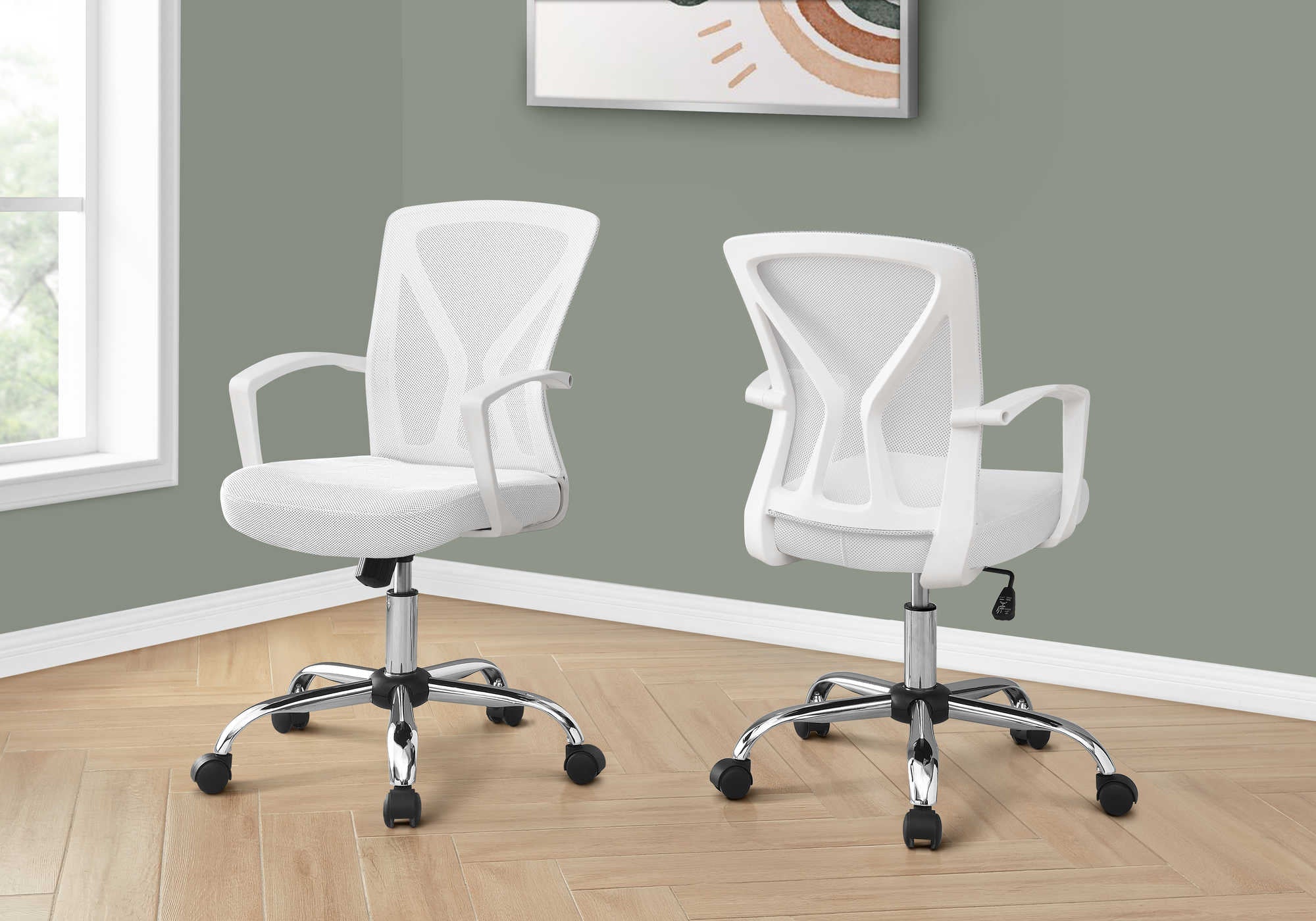 CHAISE DE BUREAU - BASE BLANCHE / CHROME SUR ROULETTES # I 7462