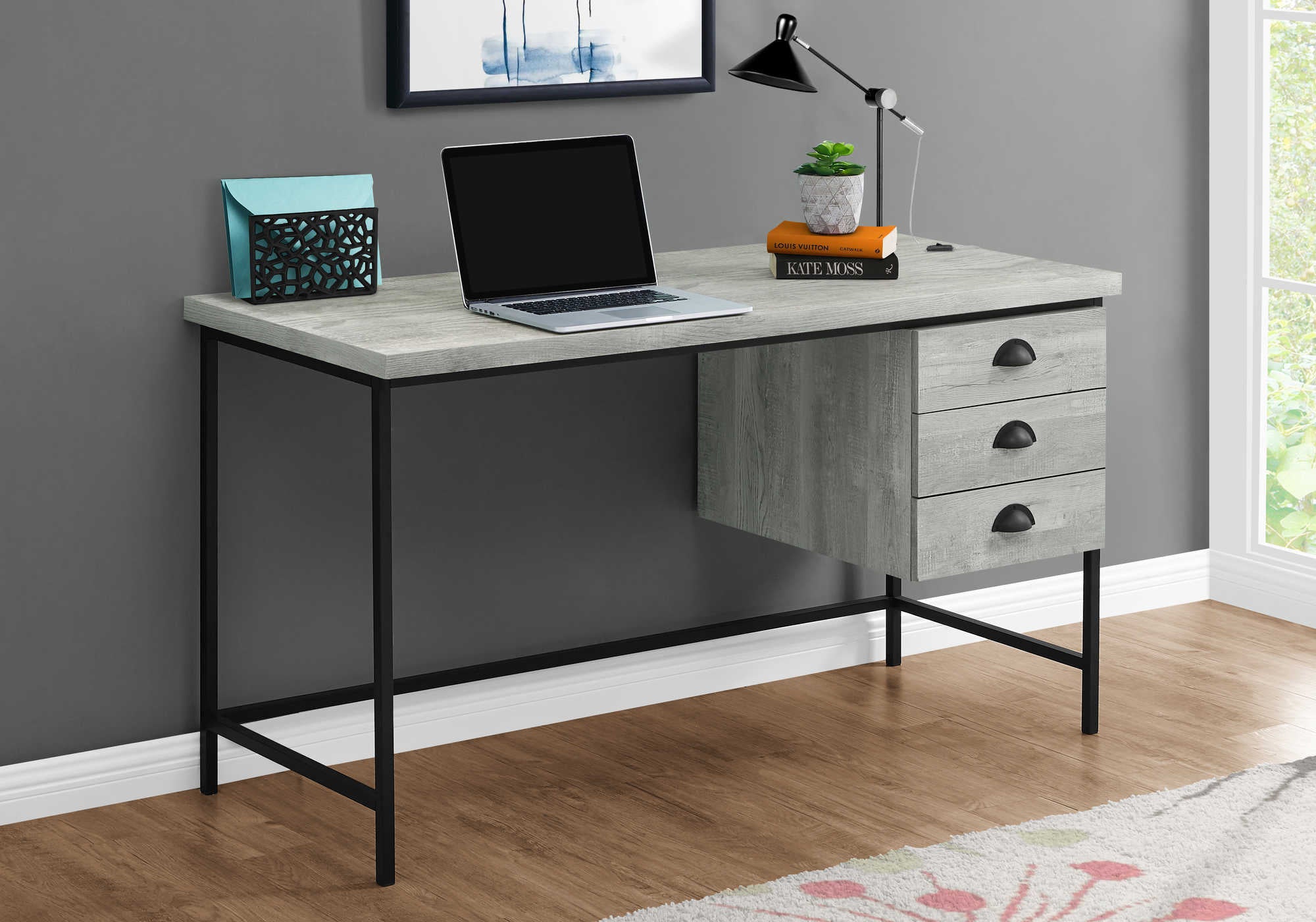COMPUTER DESK - 55"L / GREY RECLAIMED WOOD / BLACK METAL # I 7486