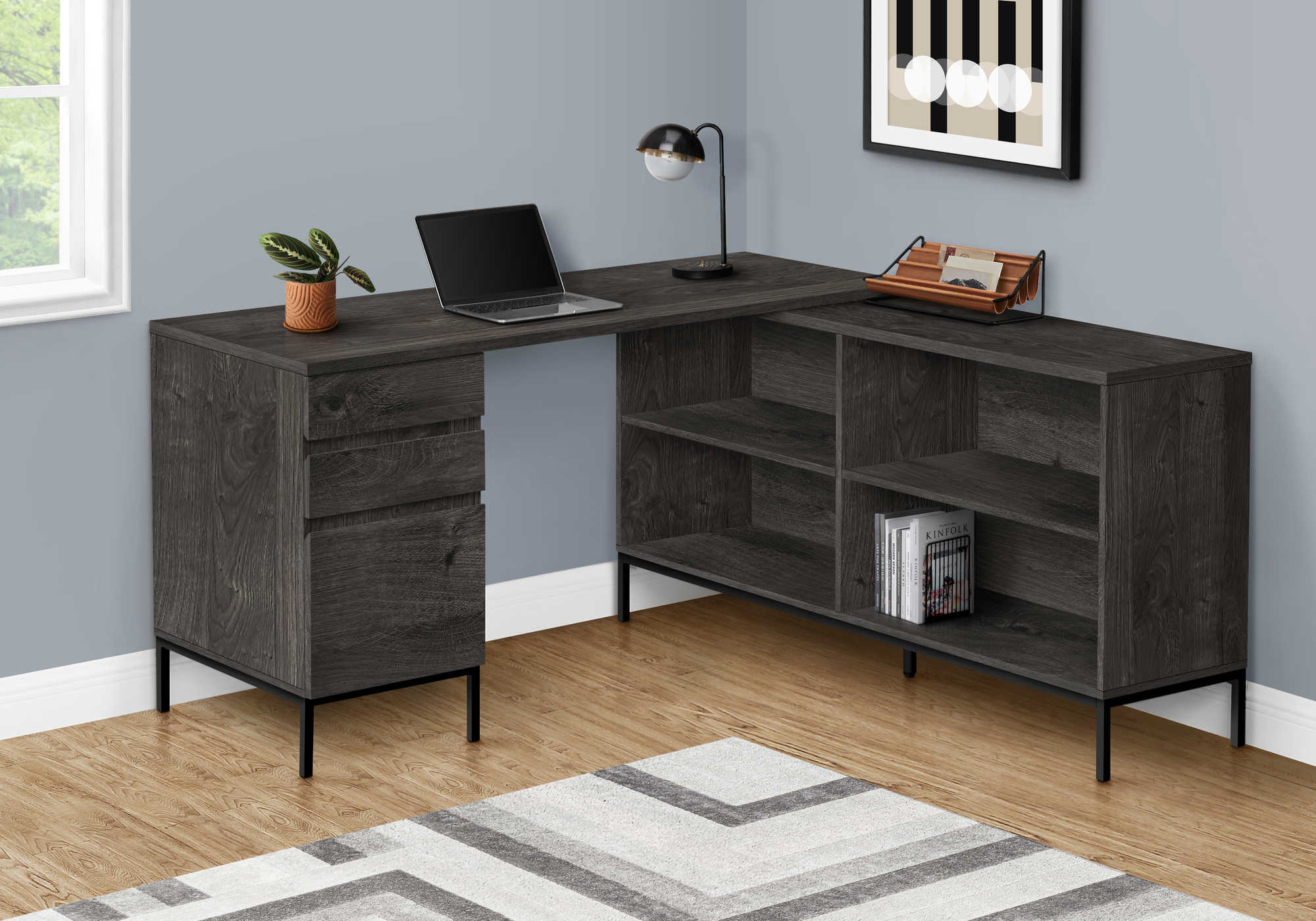 COMPUTER DESK - 60"L / DARK GREY L-SHAPED CORNER # I 7492