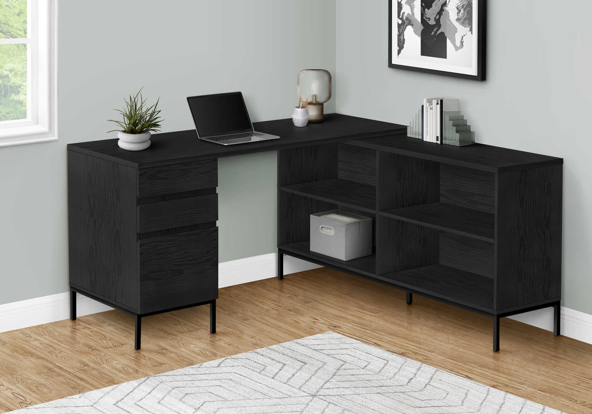 COMPUTER DESK - 60"L / BLACK OAK L-SHAPED CORNER # I 7493