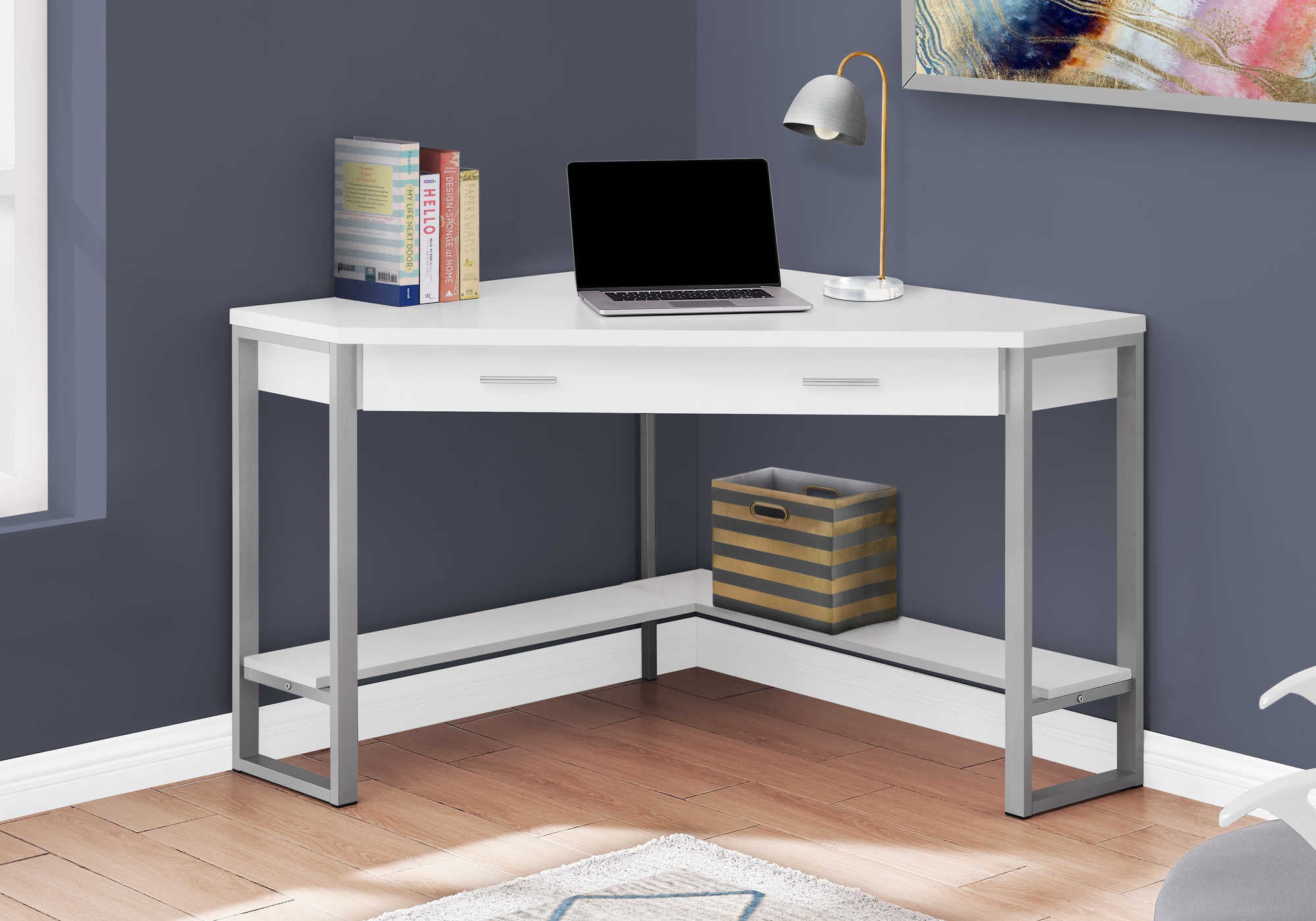 COMPUTER DESK - 42"L / WHITE CORNER / SILVER METAL # I 7500